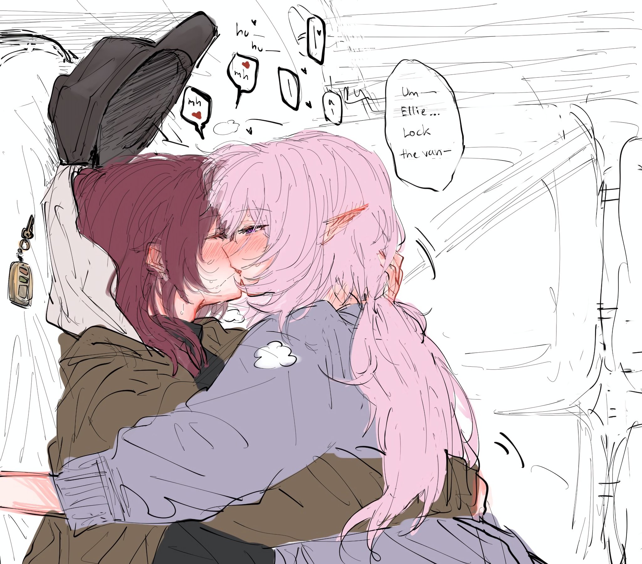 hsjejnx, eden (honkai impact), elysia (honkai impact), honkai (series), honkai impact 3rd, commentary, english commentary, highres, 2girls, baseball cap, black hat, blush, brown coat, car interior, car keys, coat, english text, grey sweater, hat, kiss, long sleeves, multiple girls, pink hair, pointy ears, purple hair, sideways, speech bubble, sweat, sweater, yuri