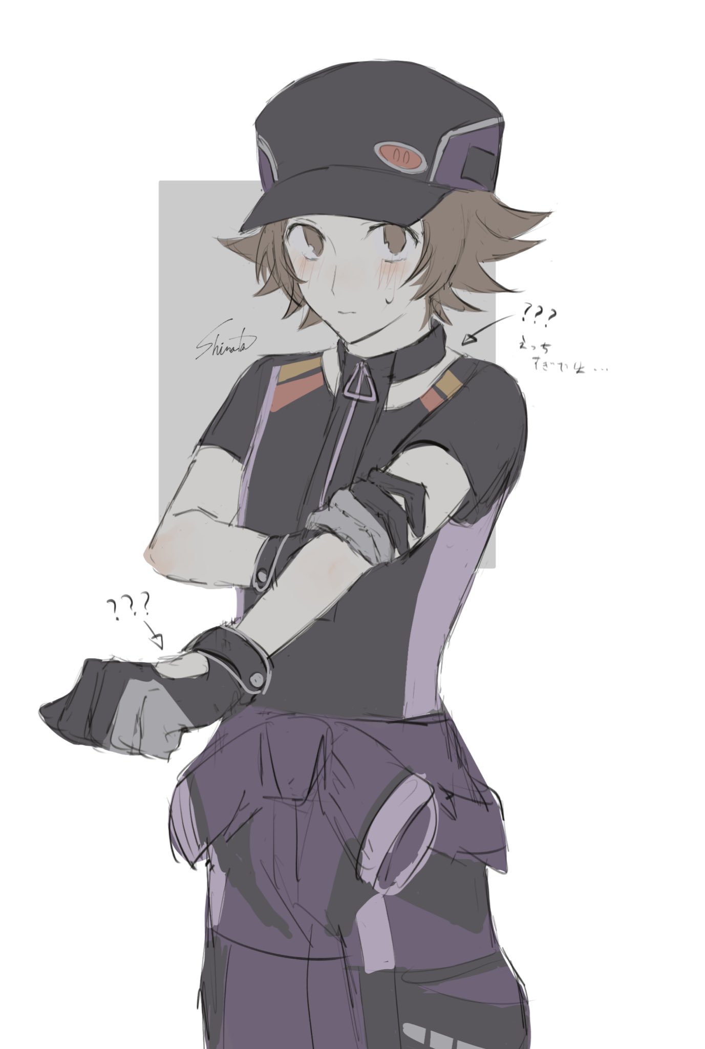 shirata mint, hilbert (pokemon), hilbert (sygna suit) (pokemon), nintendo, pokemon, pokemon masters ex, highres, 1boy, ?, ??, arrow (symbol), black hat, blush, brown eyes, brown hair, closed mouth, cowboy shot, gloves, hat, jumpsuit, jumpsuit around waist, looking at viewer, male focus, no pupils, official alternate costume, shirt, short hair, short sleeves, solo, sweatdrop, zipper pull tab