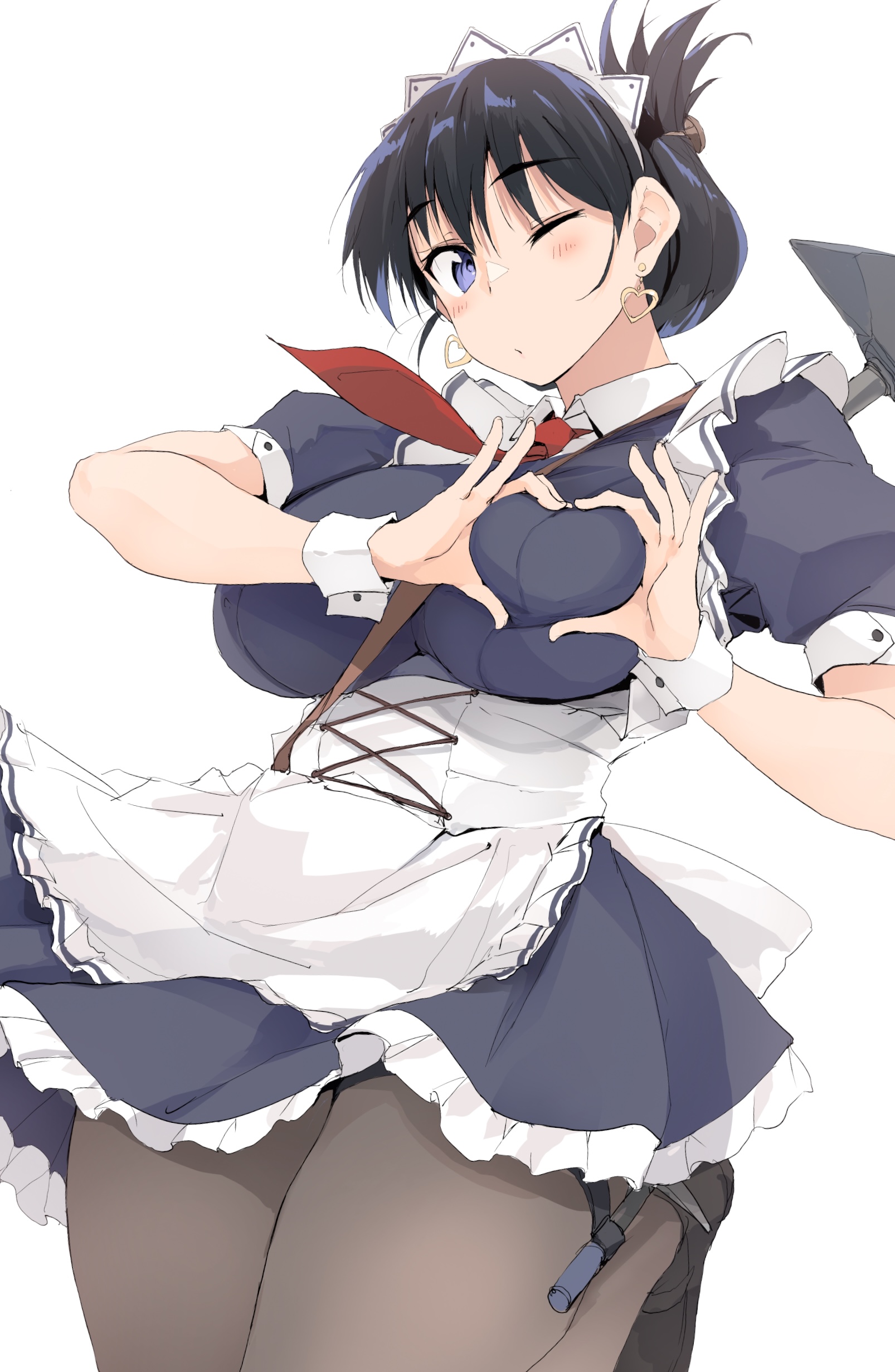 zekkyon, arato nagi, ruri no houseki, absurdres, commentary request, highres, apron, black dress, black hair, blue eyes, blush, breasts, dress, earrings, four-finger heart hands, grabbing own breast, hammer, heart, heart-shaped boob challenge, heart hands, hoop earrings, jewelry, large breasts, long hair, looking at viewer, maid, maid apron, maid headdress, necktie, one eye closed, pantyhose, pickaxe, puffy short sleeves, puffy sleeves, red necktie, short sleeves