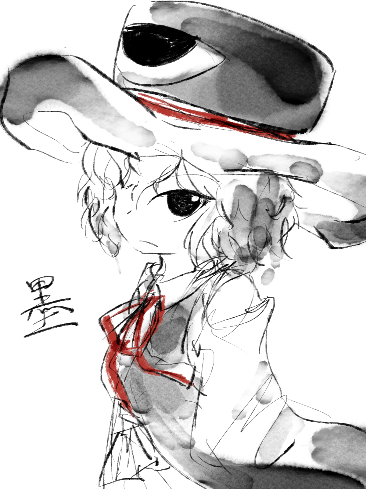 kuroda (kurota ne), enraku tsubakura, len'en, highres, 1other, androgynous, bare shoulders, closed mouth, coat, collared shirt, cowboy shot, detached sleeves, dot nose, eye of senri, greyscale, hair between eyes, hakama, hakama skirt, hat, ink, japanese clothes, jynx (style), light frown, long sleeves, looking at viewer, messy hair, monochrome, neck ribbon, official style, one-eyed, other focus, painterly, red ribbon, ribbon, shirt, short hair, simple background, skirt, sleeveless, sleeveless coat, sleeveless shirt, sleeves past fingers, sleeves past wrists, solo, spot color, top hat, white background, wide sleeves