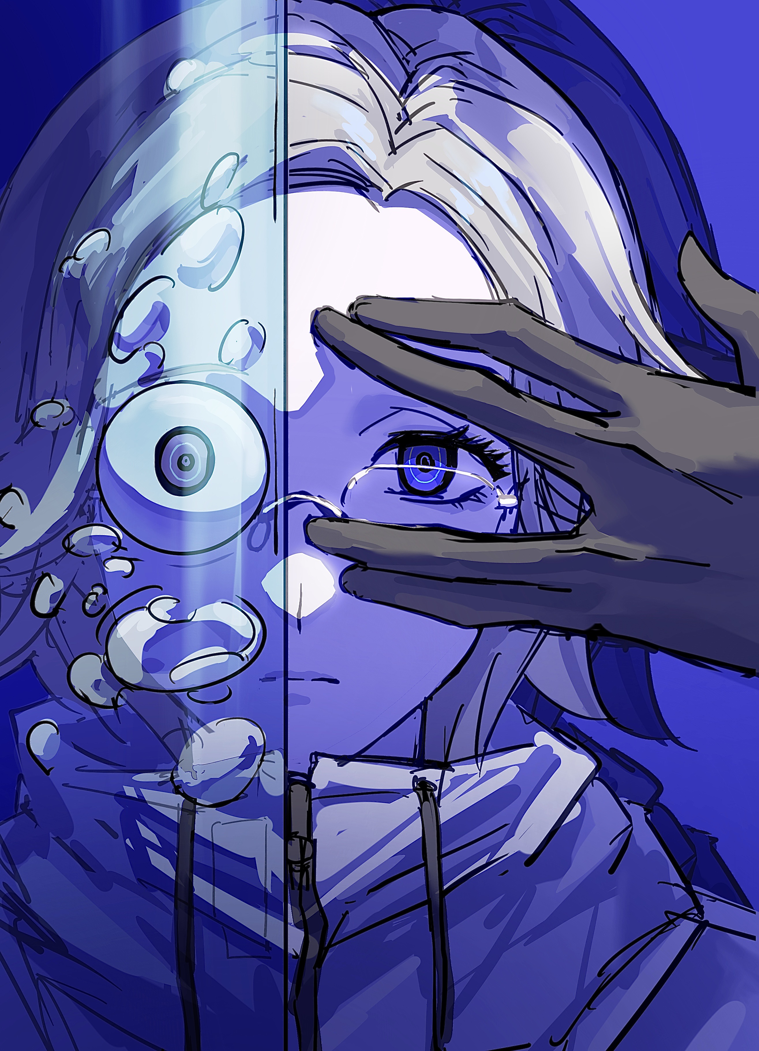 aotsuki eito, the hundred line -last defense academy-, absurdres, chinese commentary, commentary request, highres, 1boy, air bubble, arm up, black gloves, blue background, blue eyes, bubble, eyeball, glasses, gloves, grey hair, jacket, lianji395, looking at viewer, male focus, one eye covered, portrait, purple eyes, salute, short hair, solo, v, v over eye, vulcan salute, white jacket