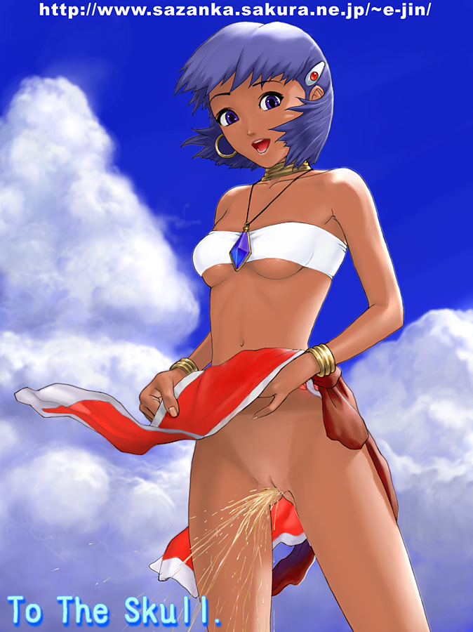 e-jin, nadia la arwall, fushigi no umi no nadia, 1990s (style), 1girl, bandeau bikini, breasts, clothes lift, dark-skinned female, dark skin, female focus, loincloth, navel, no panties, outdoors, peeing, pussy, retro artstyle, skirt, skirt lift, sky, solo, uncensored