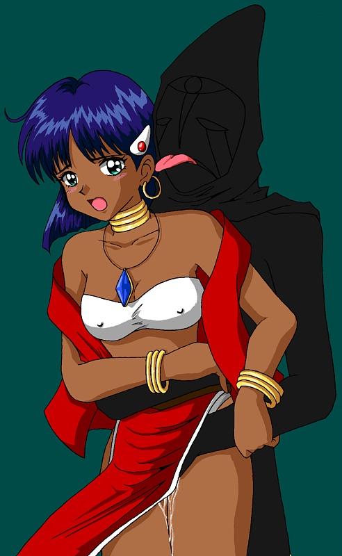 gargoyle (nadia), nadia la arwall, fushigi no umi no nadia, 1990s (style), 1boy, 1girl, bandeau bikini, blush, breasts, dark skin, earrings, fingering, hetero, jewelry, pussy juice, retro artstyle, simple background, skirt