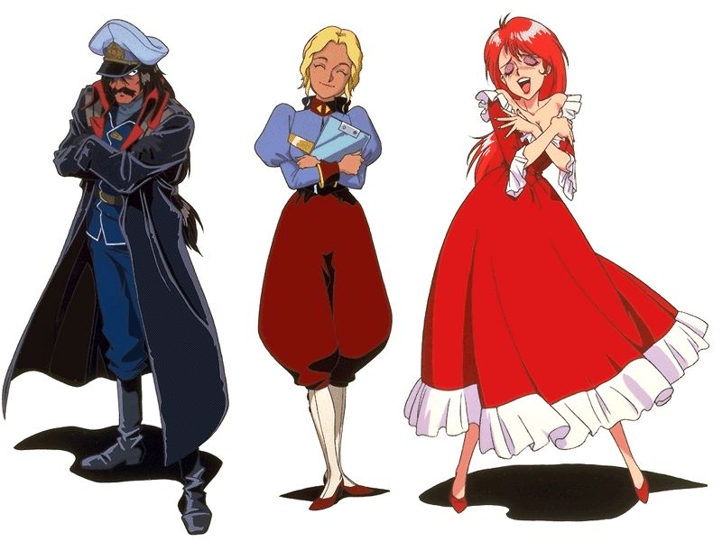 electra (nadia), grandis granva, nemo (nadia), fushigi no umi no nadia, jpeg artifacts, 1990s (style), 1boy, 2girls, black hair, blonde hair, blush, clipboard, closed eyes, dark skin, dress, facial hair, full body, hat, multiple girls, mustache, red hair, retro artstyle, shoes, simple background, smile, white background