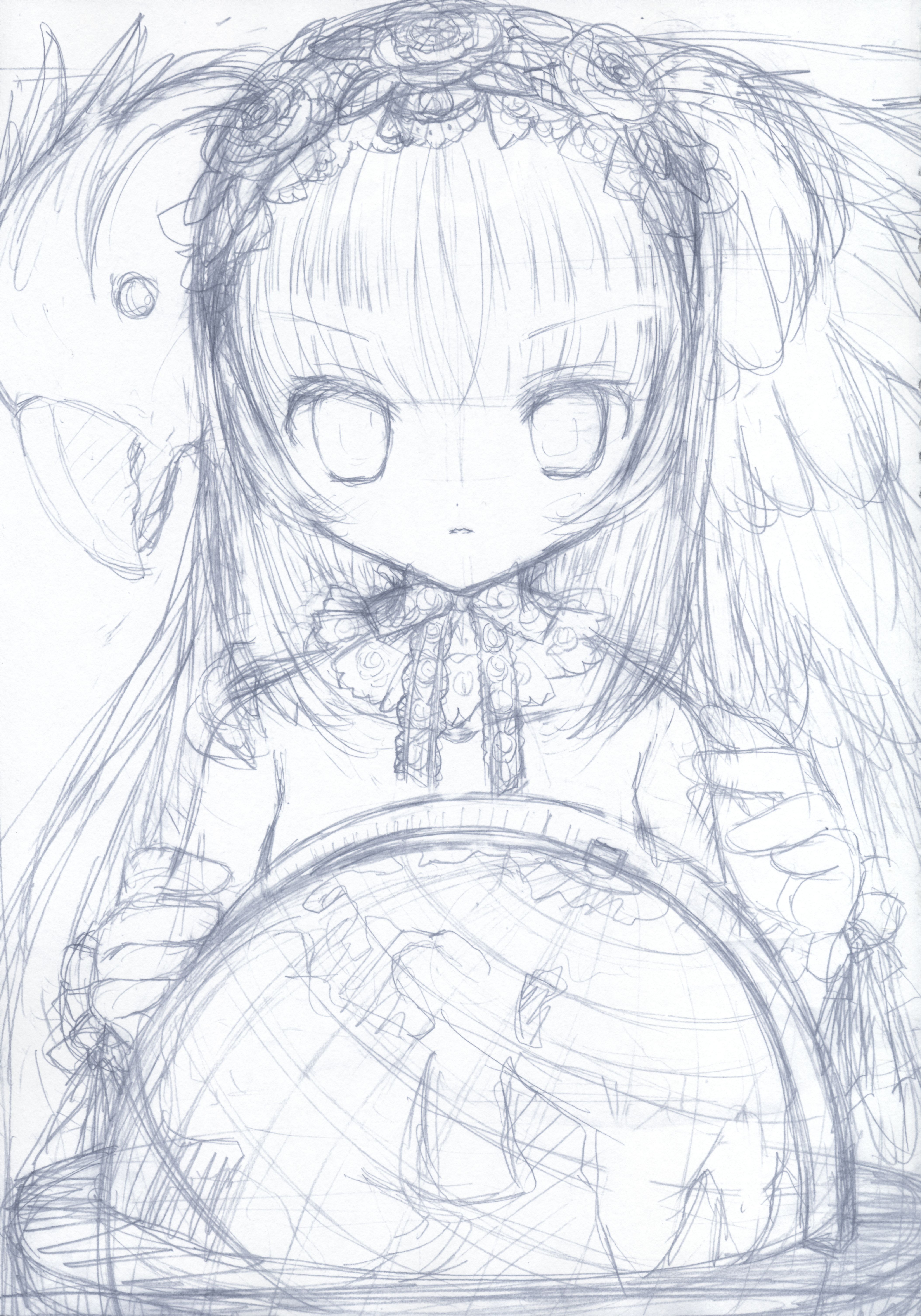 eco, hato rami, rami, absurdres, highres, 1girl, female focus, long hair, monochrome, pireze, sketch, solo