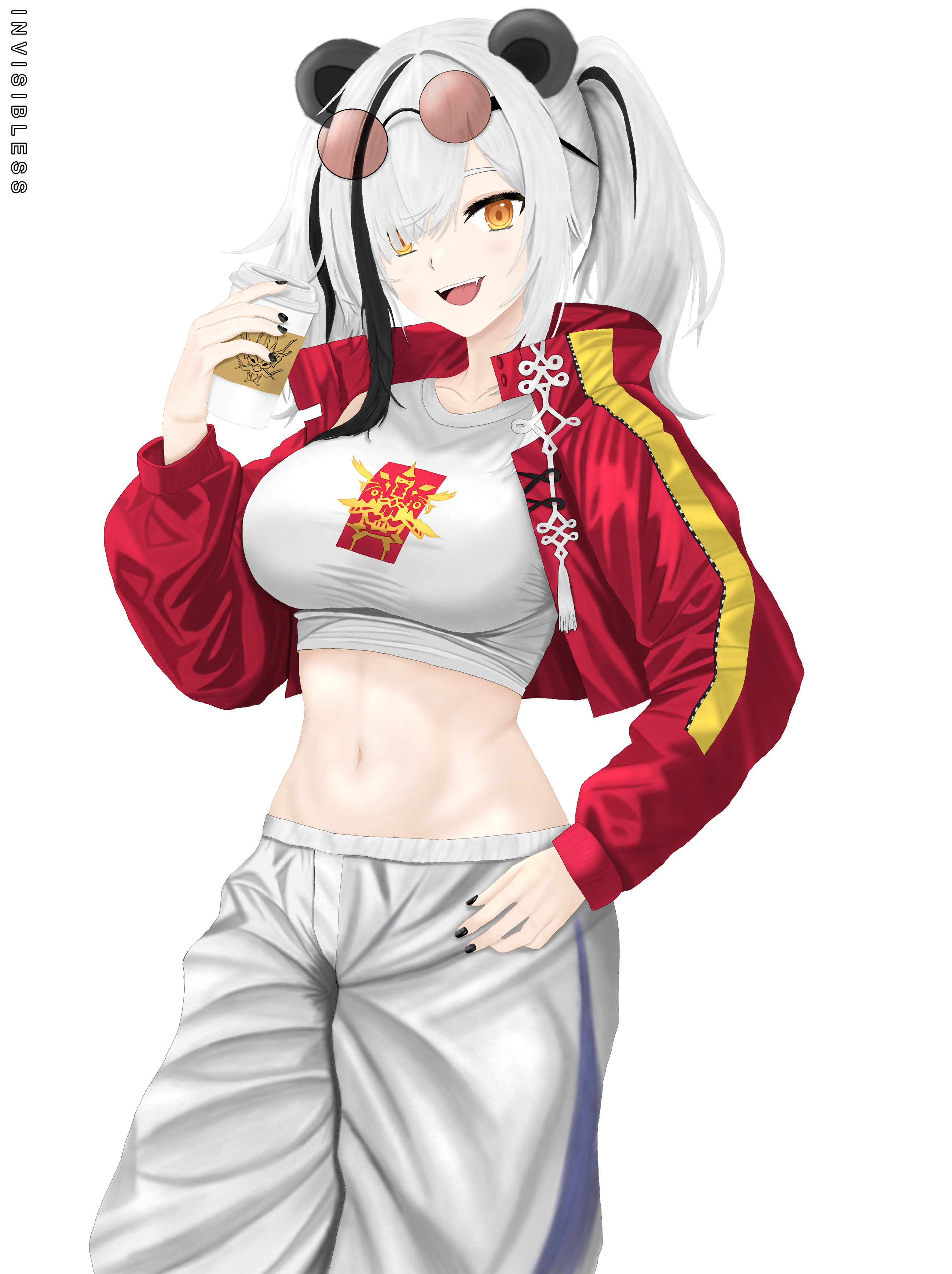 invisibless, feater (arknights), feater (gourmet) (arknights), arknights, absurdres, commentary, english commentary, highres, 1girl, animal ears, artist name, bear ears, black nails, breasts, coffee mug, collarbone, cropped shirt, cup, eyewear on head, feet out of frame, hand on own hip, holding, holding cup, jacket, long sleeves, looking at viewer, medium breasts, medium hair, mug, multicolored hair, nail polish, navel, official alternate costume, open clothes, open jacket, open mouth, orange eyes, pants, print shirt, red jacket, shirt, sidelocks, smile, solo, standing, streaked hair, sunglasses, teeth, twintails, upper teeth only, white background, white hair, white pants, white shirt