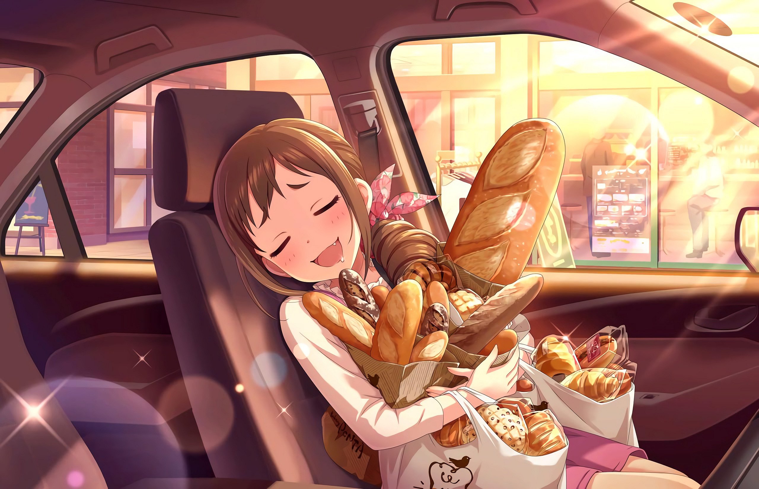ohara michiru, idolmaster, idolmaster cinderella girls, highres, official art, third-party source, 1girl, bag, baguette, bread, brown hair, car interior, car seat, closed eyes, croissant, dress, drill hair, drooling, fang, food, frilled shirt collar, frills, hair ornament, happy, holding, holding bag, hugging object, light blush, light particles, light rays, loaf of bread, long sleeves, melon bread, mouth drool, open mouth, overalls, pinafore dress, pink overalls, pink shorts, plastic bag, shirt, shorts, sidelocks, sleeveless, sleeveless dress, smile, solo focus, swept bangs, white shirt