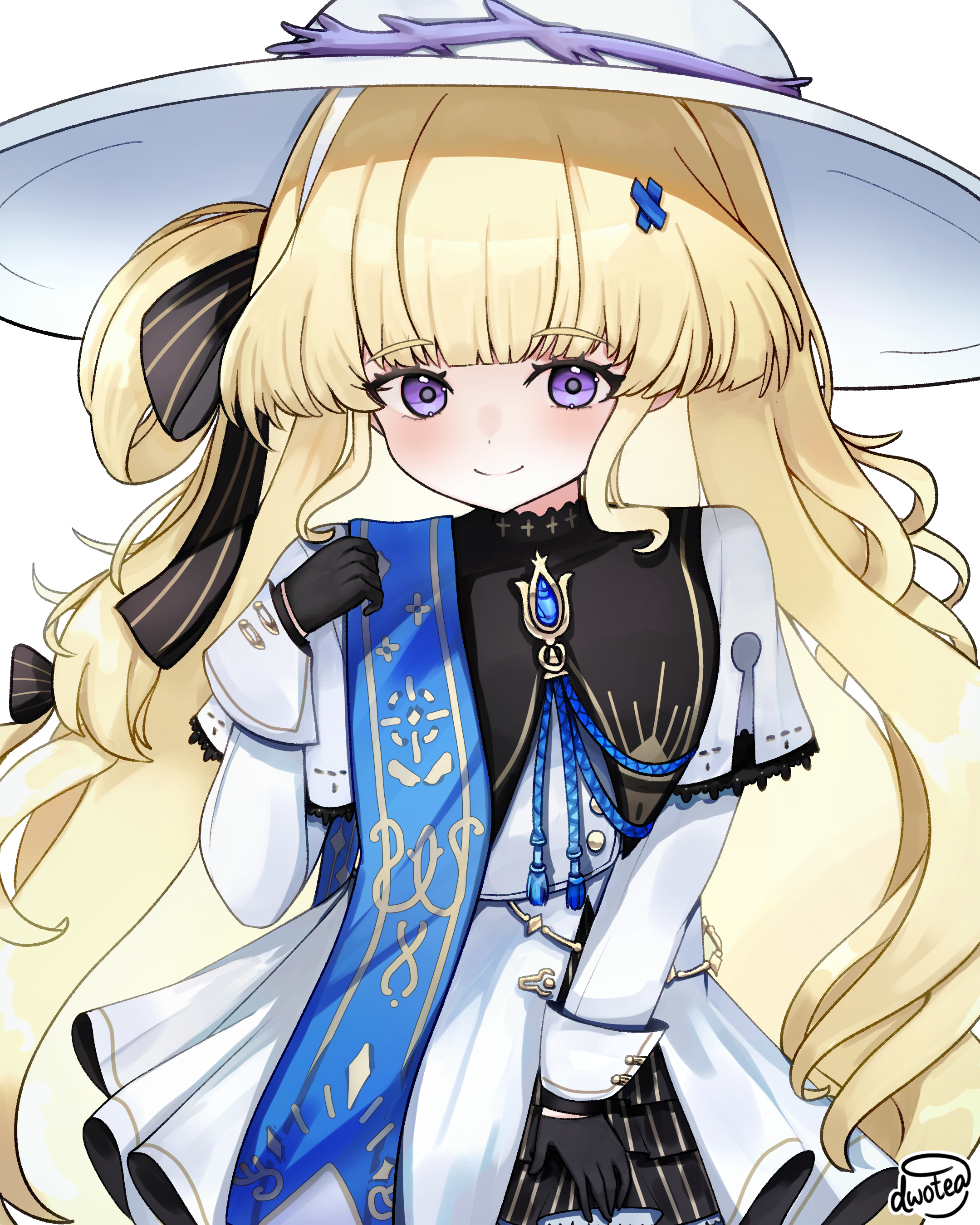 dwotea, phoebe (wuthering waves), wuthering waves, absurdres, highres, 1girl, black gloves, blonde hair, bow, closed mouth, gloves, hair ornament, hat, long hair, long sleeves, looking at viewer, purple eyes, shirt, skirt, smile, solo, very long hair, white hat, white shirt, x hair ornament