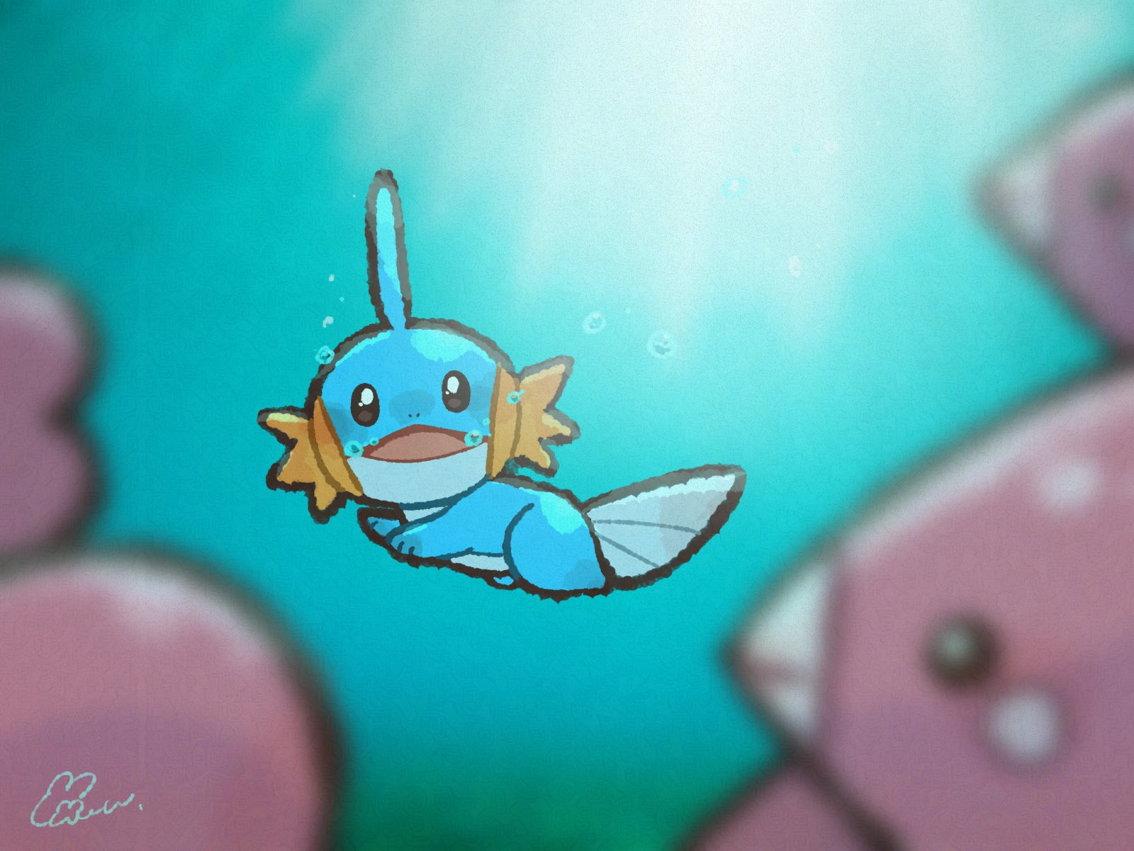 oekakisulungo, luvdisc, mudkip, nintendo, pokemon, commentary request, highres, brown eyes, bubble, gen 3 pokemon, no humans, open mouth, pokemon (creature), pokemon focus, sunlight, swimming, underwater, water