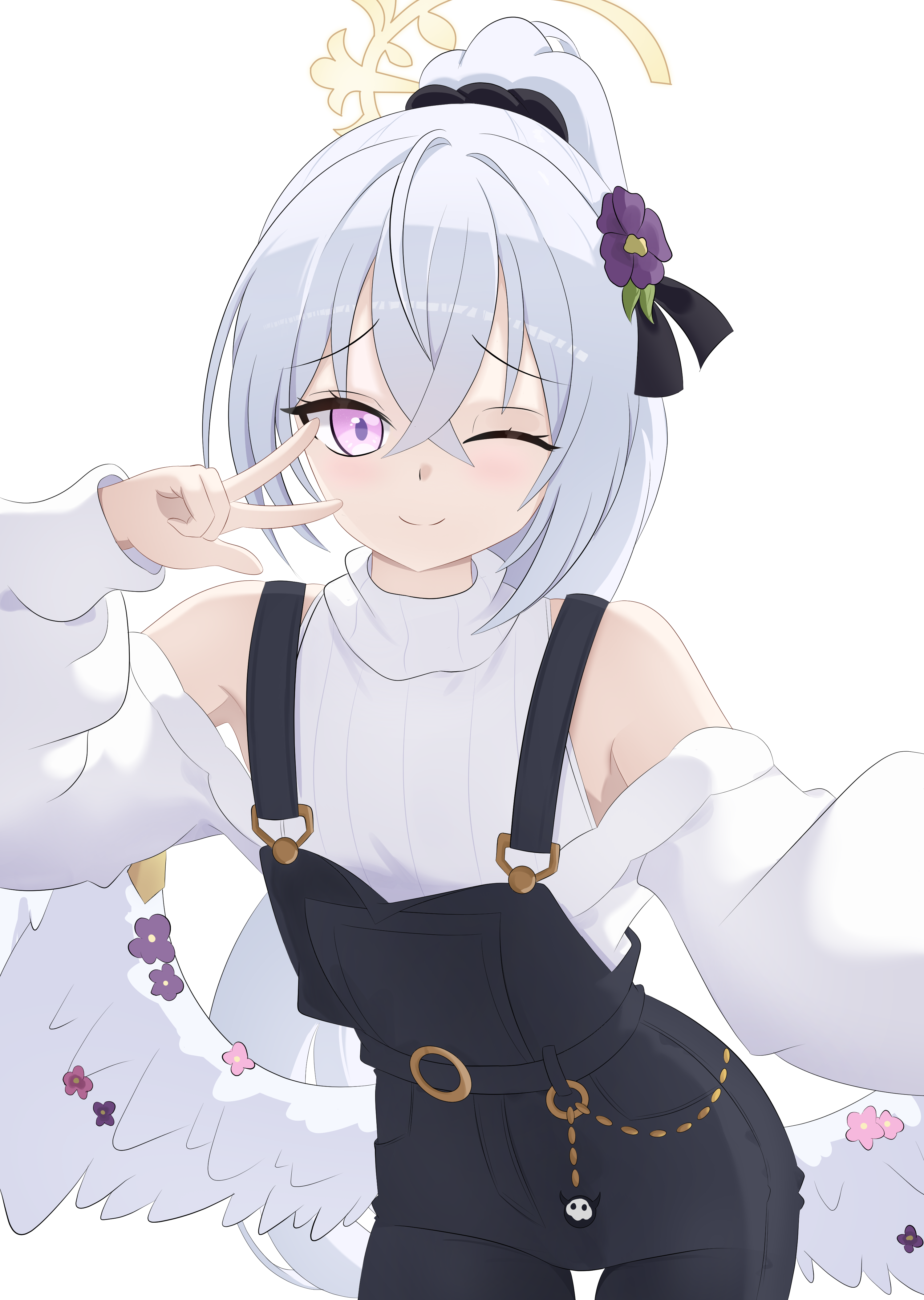 cawl, azusa (blue archive), blue archive, absurdres, highres, 1girl, alternate costume, bare shoulders, black overalls, black ribbon, black scrunchie, closed mouth, clothing cutout, crossed bangs, feathered wings, flower, grey hair, hair between eyes, hair flower, hair ornament, hair ribbon, hair scrunchie, halo, long hair, long sleeves, looking at viewer, overalls, ponytail, purple eyes, purple flower, ribbon, scrunchie, shoulder cutout, sidelocks, smile, solo, sweater, turtleneck, turtleneck sweater, w, white sweater, white wings, wings, yellow halo