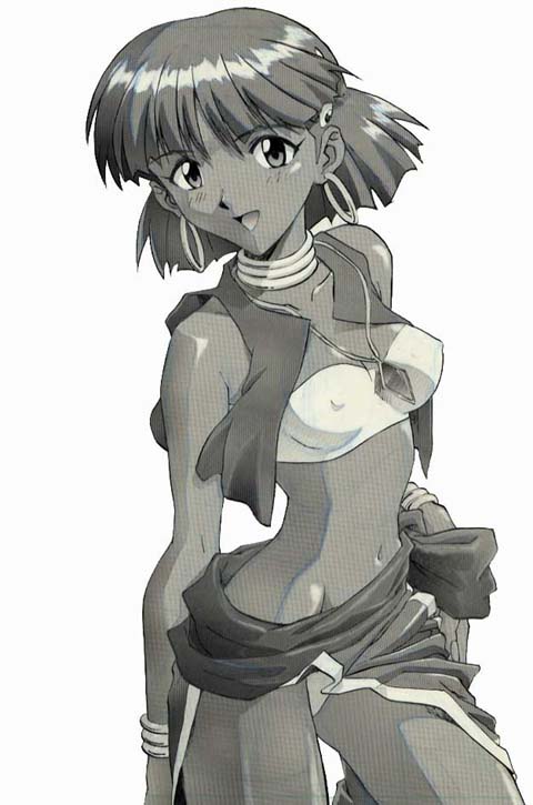 sadamoto yoshiyuki, nadia la arwall, fushigi no umi no nadia, 1990s (style), 1girl, breasts, earrings, female focus, jewelry, large breasts, monochrome, navel, panties, pantyshot, retro artstyle, simple background, skinny, skirt, slender, solo, underwear, upskirt, vest, white background