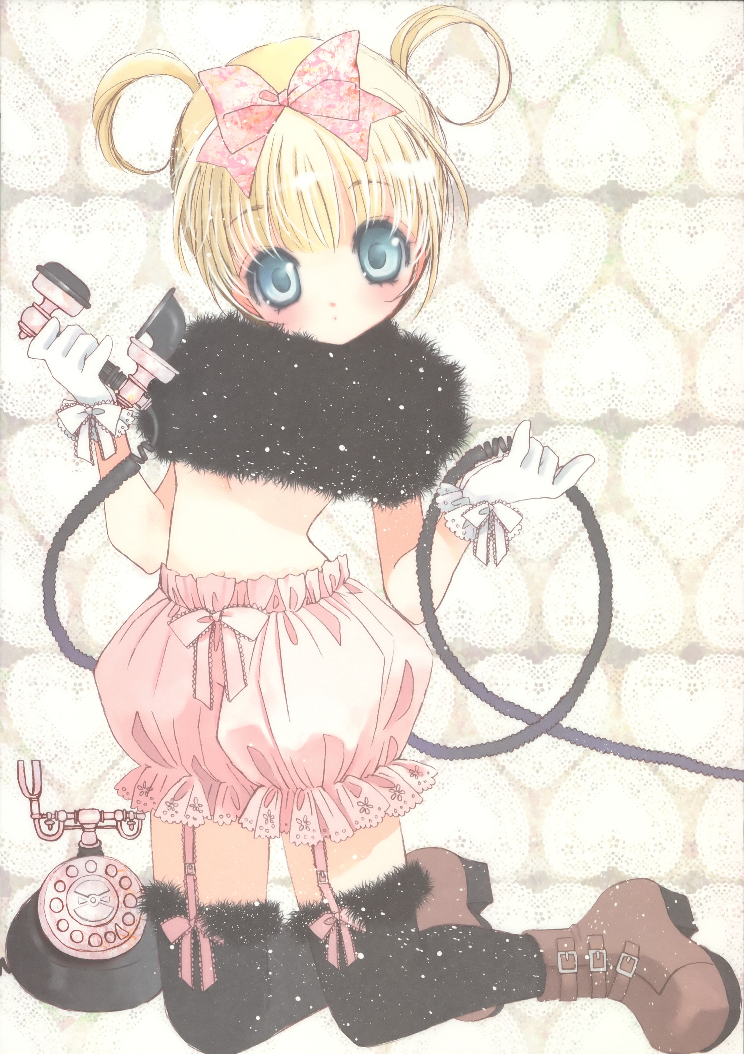 hato rami, rami, absurdres, highres, blonde hair, bloomers, blue eyes, boots, bow, gloves, love blood, phone, short hair, solo, thighhighs, underwear, white gloves
