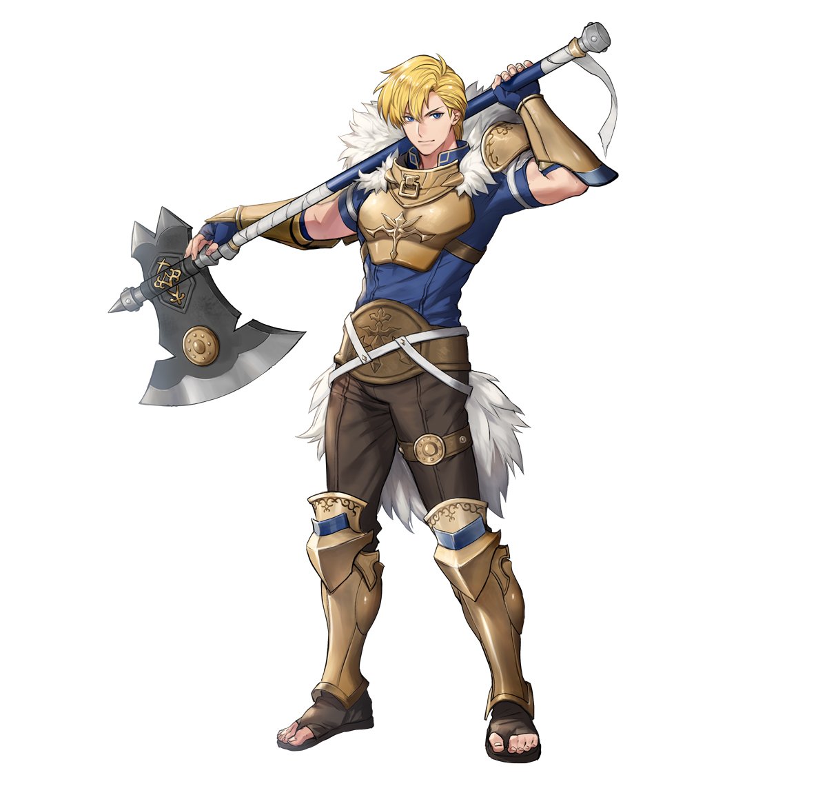 p-nekor, chulainn (fire emblem), fire emblem, fire emblem: genealogy of the holy war, fire emblem heroes, nintendo, official art, 1boy, armor, axe, battle axe, belt, blonde hair, blue eyes, blue gloves, blue shirt, brown pants, chulainn (leading gladiator) (fire emblem), closed mouth, fingerless gloves, full body, fur trim, gloves, holding, holding axe, holding weapon, leg armor, looking at viewer, male focus, official alternate costume, pants, sandals, shirt, short sleeves, simple background, solo, weapon, white background