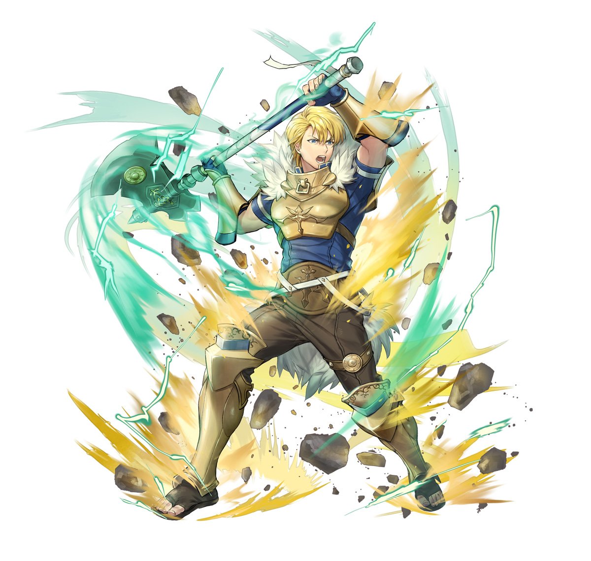 p-nekor, chulainn (fire emblem), fire emblem, fire emblem: genealogy of the holy war, fire emblem heroes, nintendo, official art, 1boy, armor, attack, axe, battle axe, belt, blonde hair, blue eyes, blue gloves, blue shirt, brown pants, chulainn (leading gladiator) (fire emblem), fighting stance, fingerless gloves, full body, fur trim, gloves, holding, holding axe, holding weapon, leg armor, lightning, male focus, official alternate costume, open mouth, pants, rock, sandals, shirt, short sleeves, simple background, solo, teeth, weapon, white background