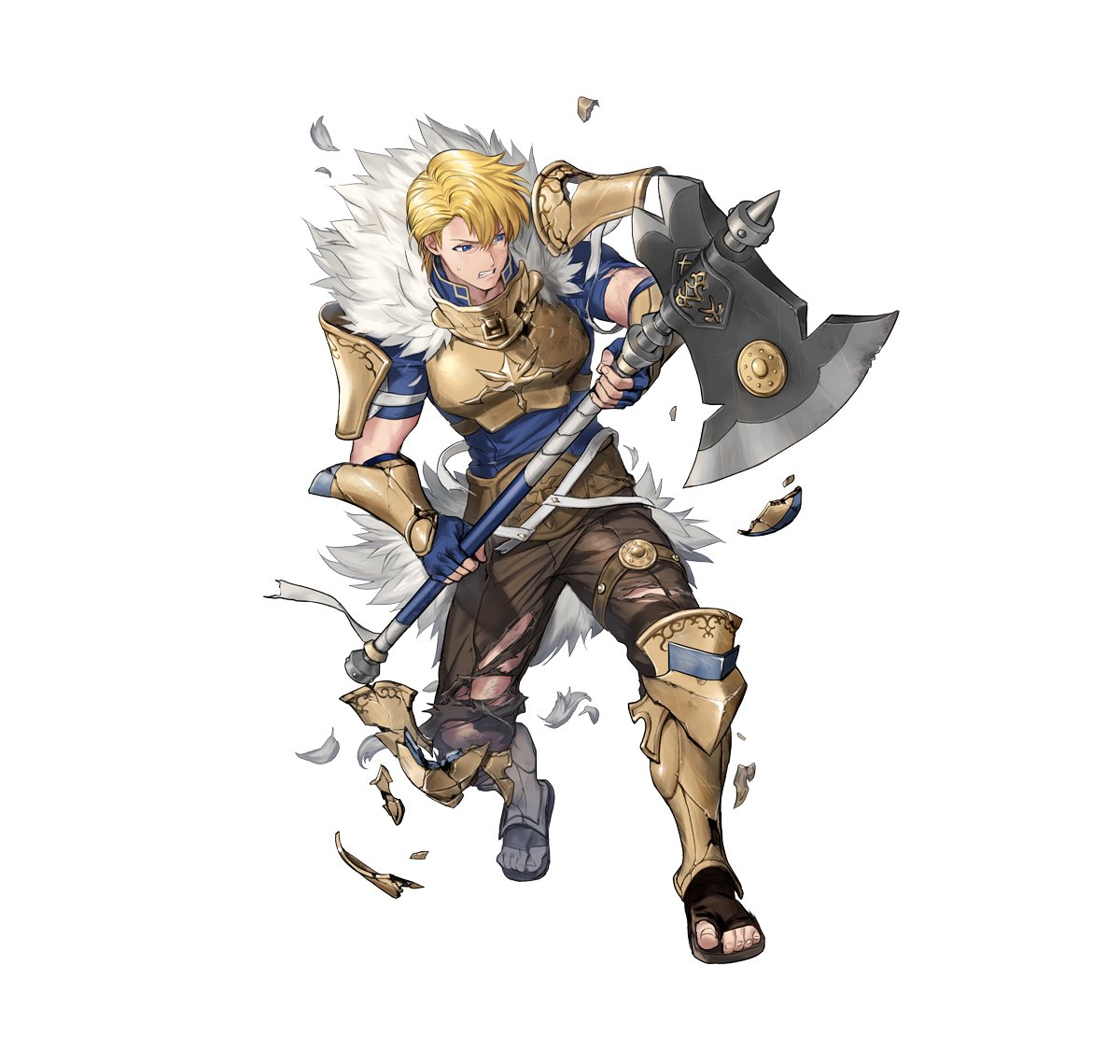 p-nekor, chulainn (fire emblem), fire emblem, fire emblem: genealogy of the holy war, fire emblem heroes, nintendo, official art, 1boy, armor, axe, battle axe, battle damage, belt, blonde hair, blue eyes, blue gloves, blue shirt, brown pants, chulainn (leading gladiator) (fire emblem), clenched teeth, damaged, fingerless gloves, full body, fur trim, gloves, holding, holding axe, holding weapon, leg armor, looking at viewer, male focus, official alternate costume, open mouth, pants, sandals, shirt, short sleeves, simple background, solo, teeth, torn clothes, weapon, white background
