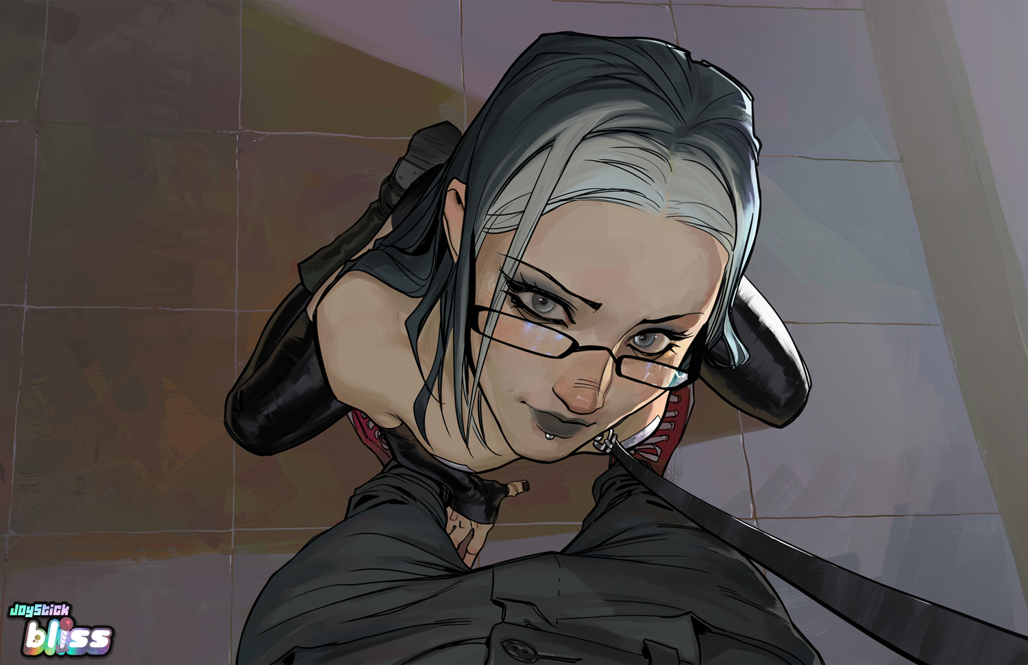 duskyhallows, original, 1boy, 1girl, black boots, black gloves, black pants, boots, copyright logo, face piercing, fingerless gloves, glasses, gloves, grey eyes, grey hair, indoors, kneeling, leash, lip piercing, long hair, looking at viewer, multicolored hair, pants, piercing, pov, tile floor, tiles, two-tone hair
