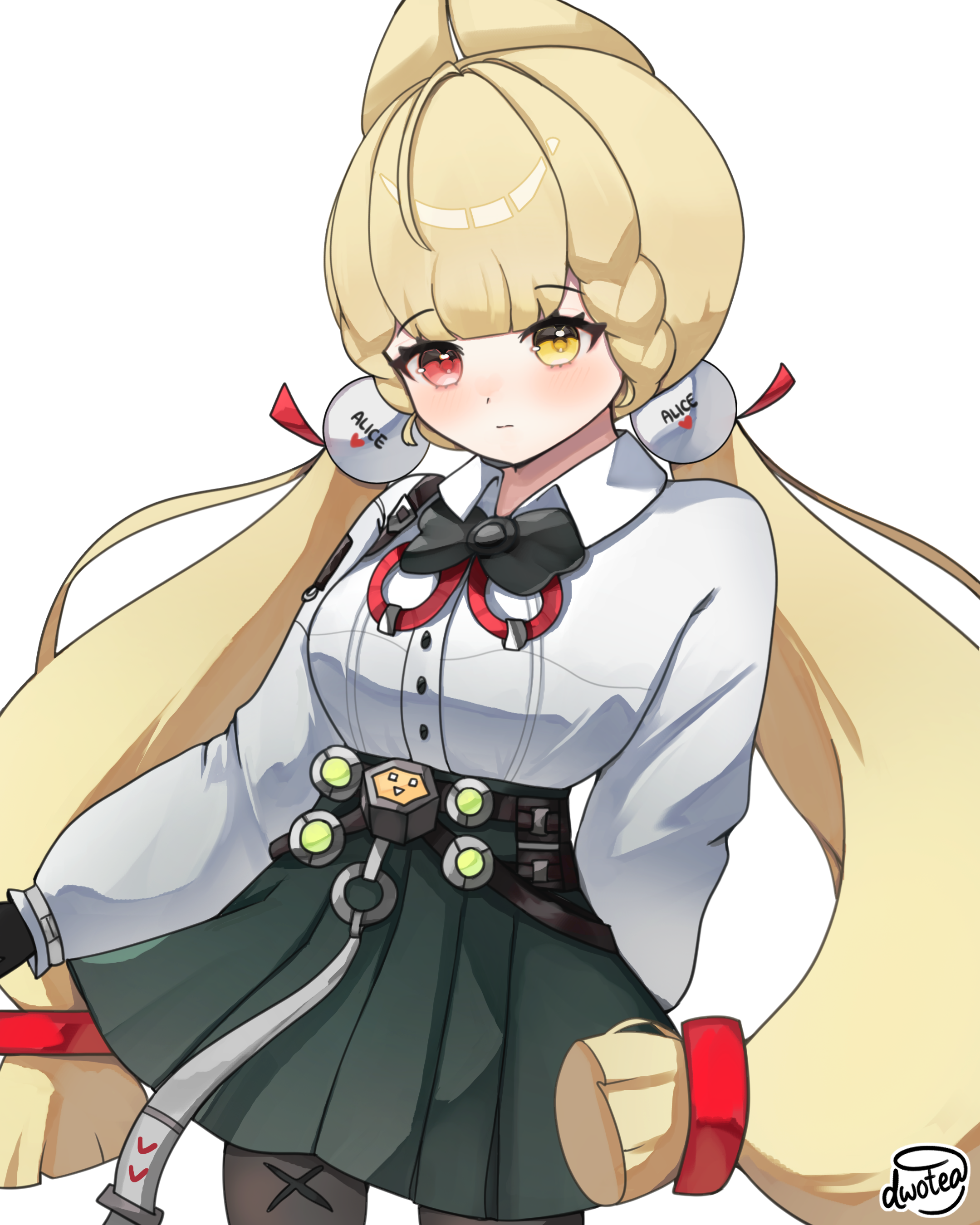 dwotea, alice thymefield, zenless zone zero, absurdres, highres, 1girl, animal ears, blonde hair, braid, hair ornament, heterochromia, long hair, looking at viewer, low twintails, pantyhose, rabbit ears, rabbit girl, red eyes, shirt, sphere hair ornament, twintails, yellow eyes