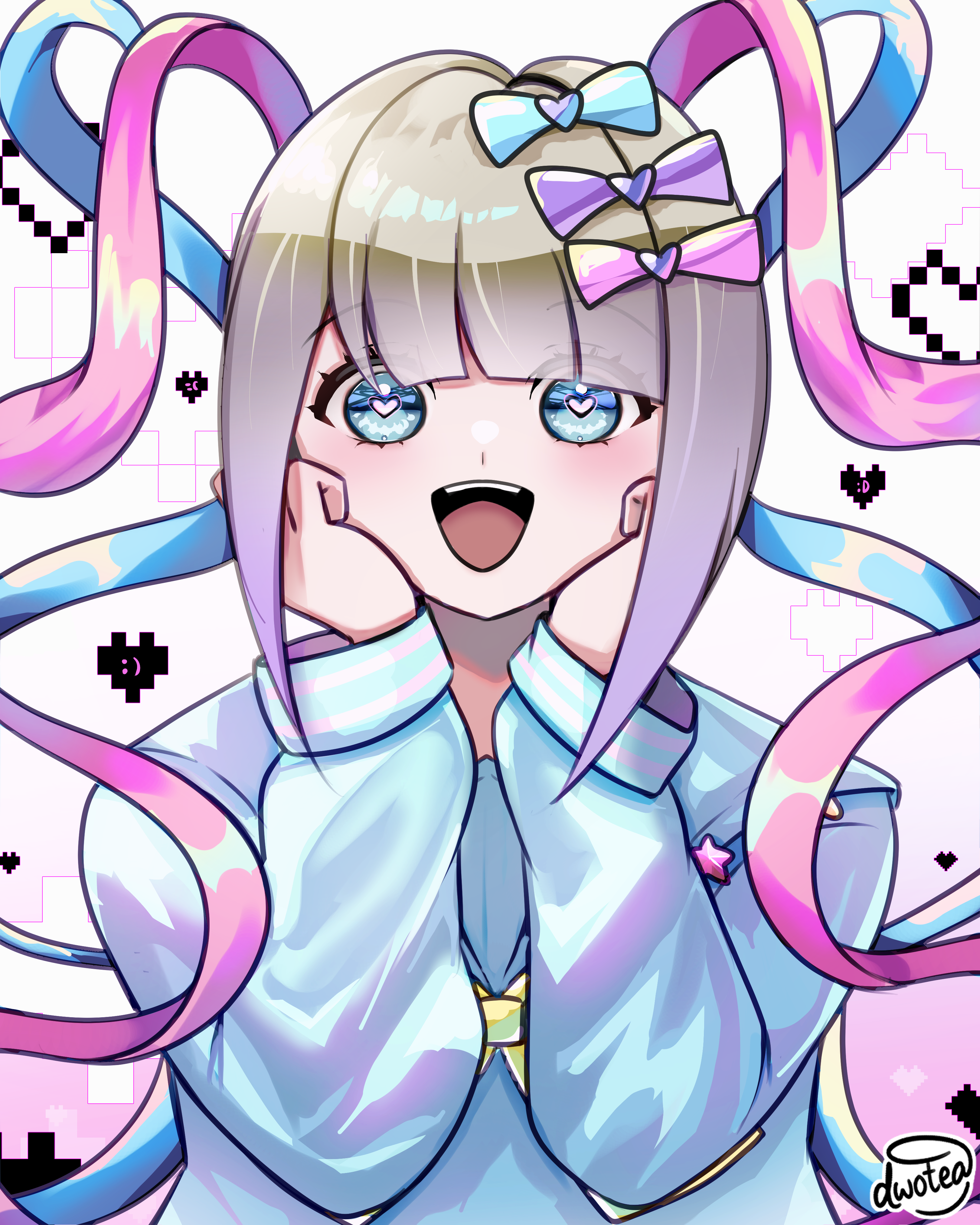 dwotea, chouzetsusaikawa tenshi-chan, needy girl overdose, absurdres, highres, 1girl, blonde hair, blue bow, blue eyes, blue hair, bow, hair bow, long hair, long sleeves, looking at viewer, multicolored hair, open mouth, pink bow, pink hair, purple bow, quad tails, shirt, smile, solo