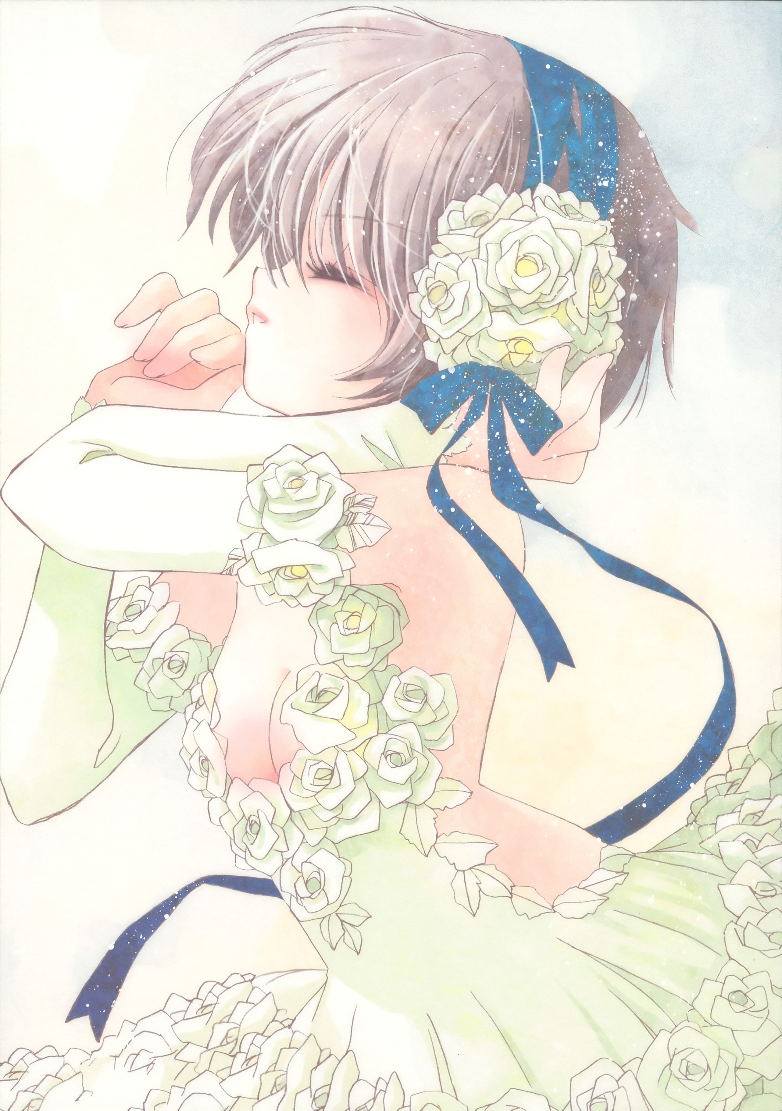 hato rami, rami, absurdres, highres, bow, brown hair, closed eyes, dress flower, flower, love blood, ribbon, rose, short hair, solo