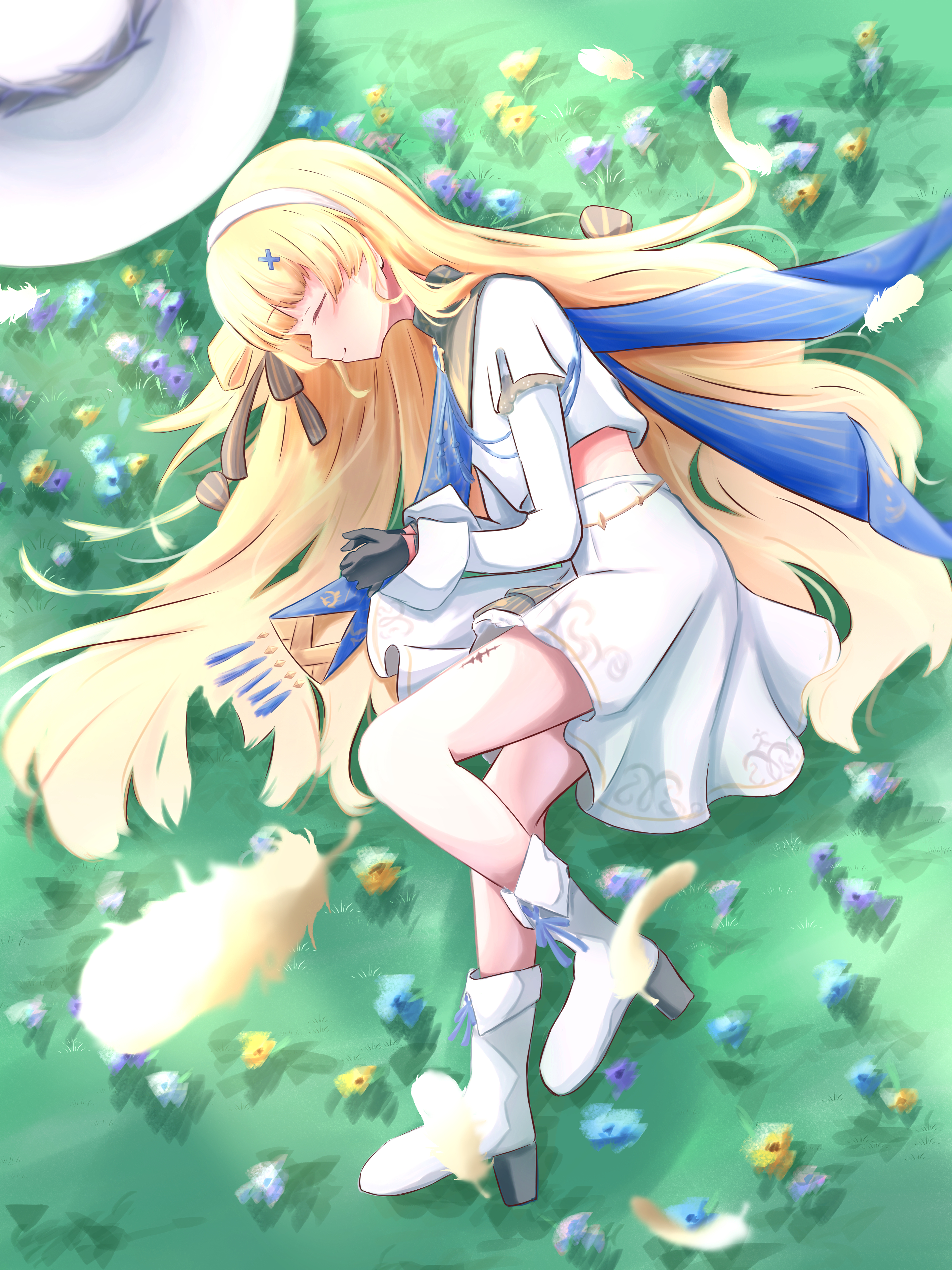 karabina, phoebe (wuthering waves), wuthering waves, absurdres, highres, 1girl, black gloves, blonde hair, bow, closed mouth, collar, gloves, hair ornament, long hair, long sleeves, pantyhose, shirt, skirt, sleeping, solo, very long hair, white shirt, white skirt, x hair ornament