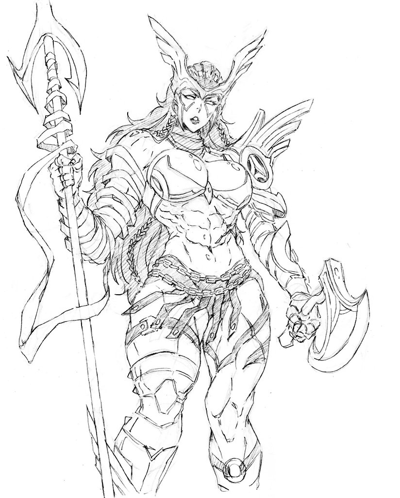 rakusakugk, marvel, marvel rivals, 1girl, abs, angela (marvel), asymmetrical dual wielding, axe, bodypaint, breasts, dual wielding, holding, kubo tite (style), long hair, looking at viewer, metal bra, monochrome, muscular, muscular female, navel, scar, scar on back, scar on shoulder, scar on stomach, solo, thor (marvel) (series)
