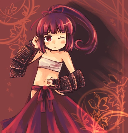 hajime (hajime doh), bushidou (sekaiju), bushidou 2 (sekaiju), atlus, etrian odyssey, lowres, 1girl, armor, bandeau bikini, blush, female focus, flat chest, hakama, hakama skirt, japanese armor, japanese clothes, kote, navel, no shirt, one eye closed, ponytail, red hakama, sarashi, skirt, solo, wink