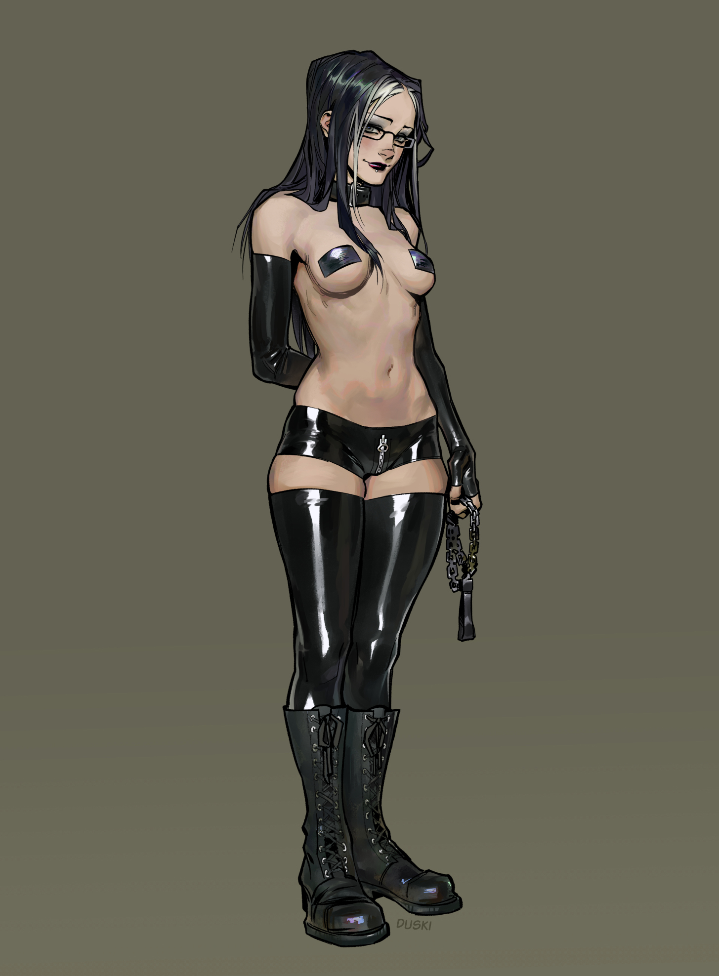 duskyhallows, original, highres, 1girl, black boots, black gloves, black hair, black panties, black thighhighs, boots, breasts, collar, elbow gloves, full body, glasses, gloves, green background, grey eyes, grey hair, latex, latex gloves, latex panties, latex thighhighs, long hair, looking at viewer, multicolored hair, navel, panties, pasties, simple background, small breasts, solo, tape, tape on nipples, thighhighs, two-tone hair, underwear