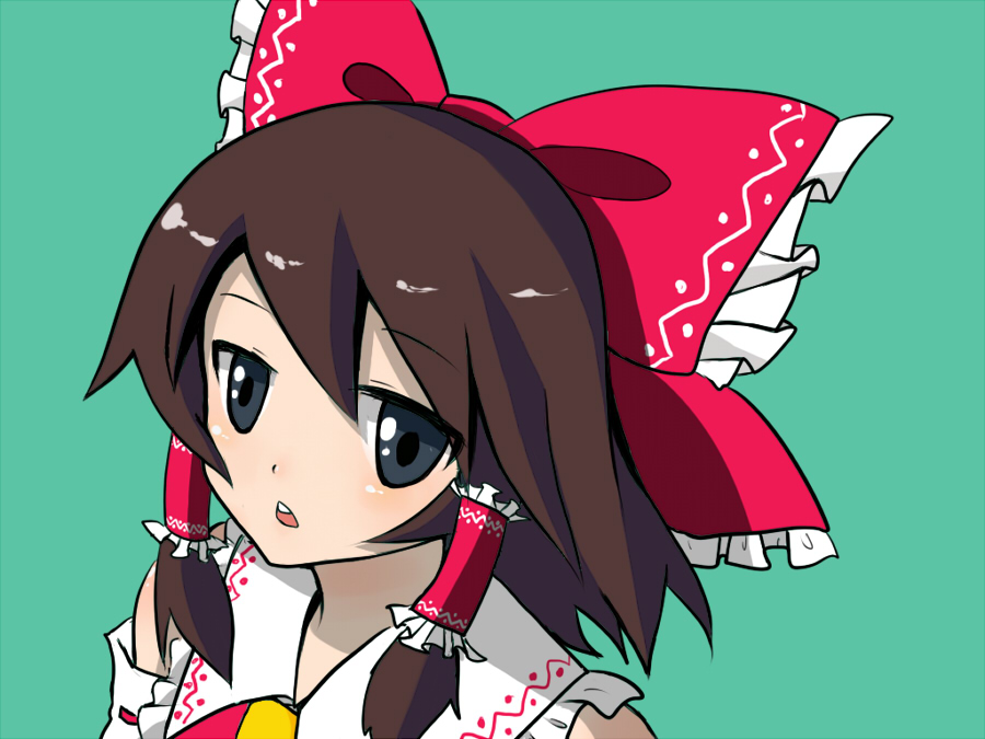 nora (le-chat-noir), hakurei reimu, touhou, bad id, bad pixiv id, 1girl, aqua background, black hair, female focus, japanese clothes, miko, ribbon, simple background, solo, upper body