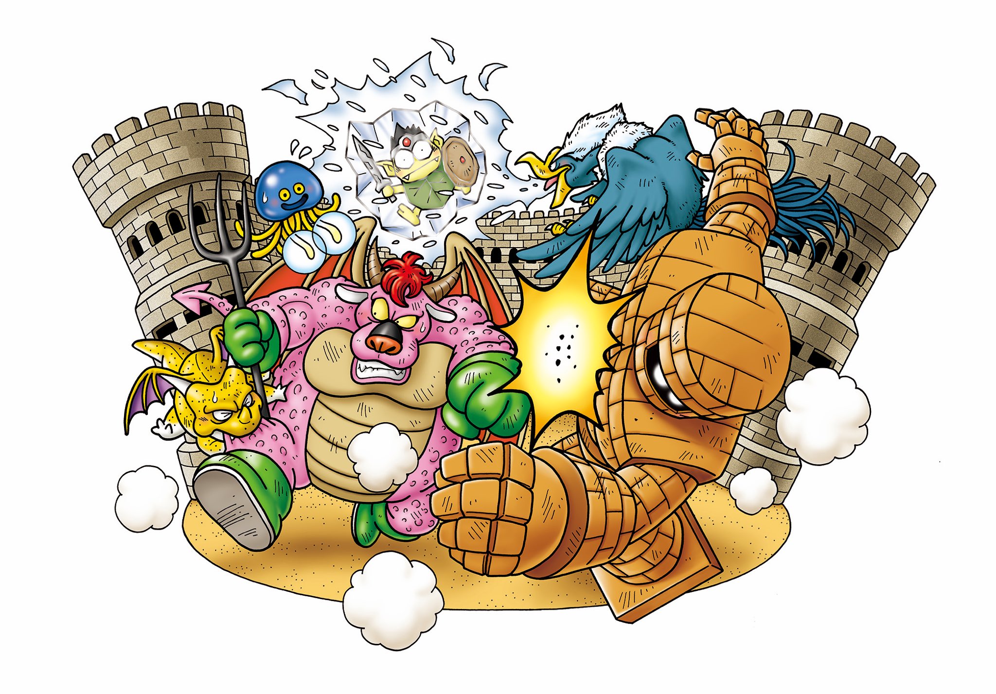 murakami yumiko, golem (dragon quest), healslime, small fry (dragon quest), dragon quest, commentary request, highres, official art, archdemon (dragon quest), biting, boots, breath weapon, breathing ice, castle, clenched teeth, colored sclera, creature, creature focus, creature request, fighting, flying sweatdrops, frozen, gloves, green boots, green gloves, holding, holding shield, holding sword, holding weapon, monster, monster focus, no humans, nose horn, pink scales, shield, sweatdrop, sword, teeth, weapon, white background, yellow scales, yellow sclera