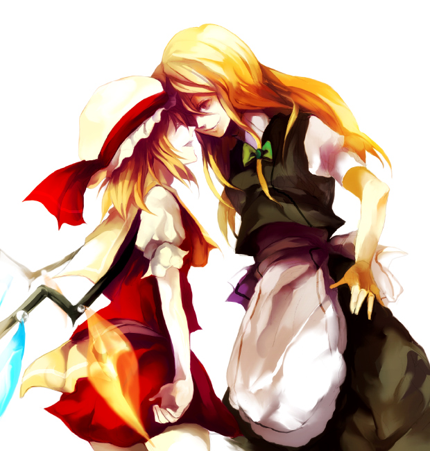 toriko (hatoriko), flandre scarlet, kirisame marisa, touhou, 2girls, apron, blonde hair, face-to-face, female focus, forehead-to-forehead, hair ribbon, hat, heads together, long hair, multiple girls, no headwear, ribbon, short hair, smile, wings