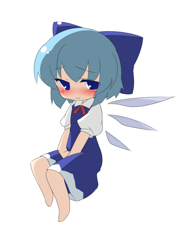 oka (bananashoe), cirno, embodiment of scarlet devil, touhou, 1girl, barefoot, blue eyes, blue hair, blush, chibi, dress, female focus, full body, matching hair/eyes, ribbon, short hair, simple background, solo, white background, wings