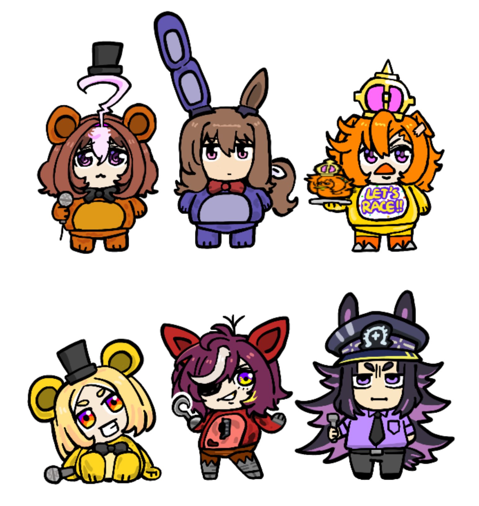 admire vega (umamusume), bonnie (fnaf), chica, fenomeno (umamusume), foxy (fnaf), freddy fazbear, golden freddy, meisho doto (umamusume), narita top road (umamusume), t.m. opera o (umamusume), tanino gimlet (umamusume), five nights at freddy's, five nights at freddy's 1, umamusume, highres, ahoge, animal ears, animatronic, bear ears, bib, bird, blonde hair, bonnie (fnaf) (cosplay), bow, brown hair, chibi, chibi only, chica (cosplay), clothing cutout, cosplay, crow, crown, ear bow, ear covers, ear ornament, ear piercing, ear ribbon, ears through headwear, eyepatch, flashlight, foxy (fnaf) (cosplay), freddy fazbear (cosplay), hair over one eye, hat, holding, hook hand, horse ears, horse girl, horse tail, horseshoe ornament, long hair, low ponytail, medium hair, mini crown, multicolored hair, multiple girls, necktie, open mouth, orange hair, peaked cap, piercing, pikminpreggedup, ponytail, purple shirt, security guard, shirt, short hair, single ear cover, smile, streaked hair, striped hat, tail, tail through clothes, two-tone hair, white background, white necktie