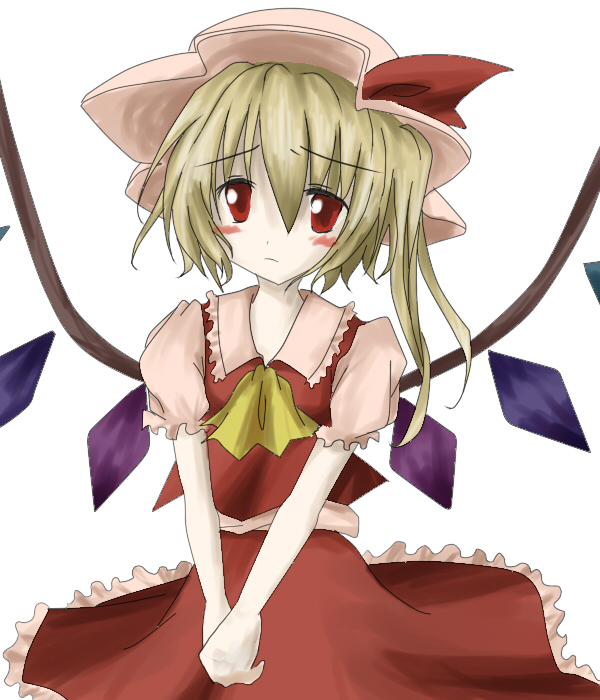haiiro (immature), flandre scarlet, touhou, bad id, bad pixiv id, 1girl, blonde hair, blush, collared shirt, female focus, hair between eyes, hat, mob cap, red eyes, ribbon, shirt, short hair, simple background, solo, white background, wings