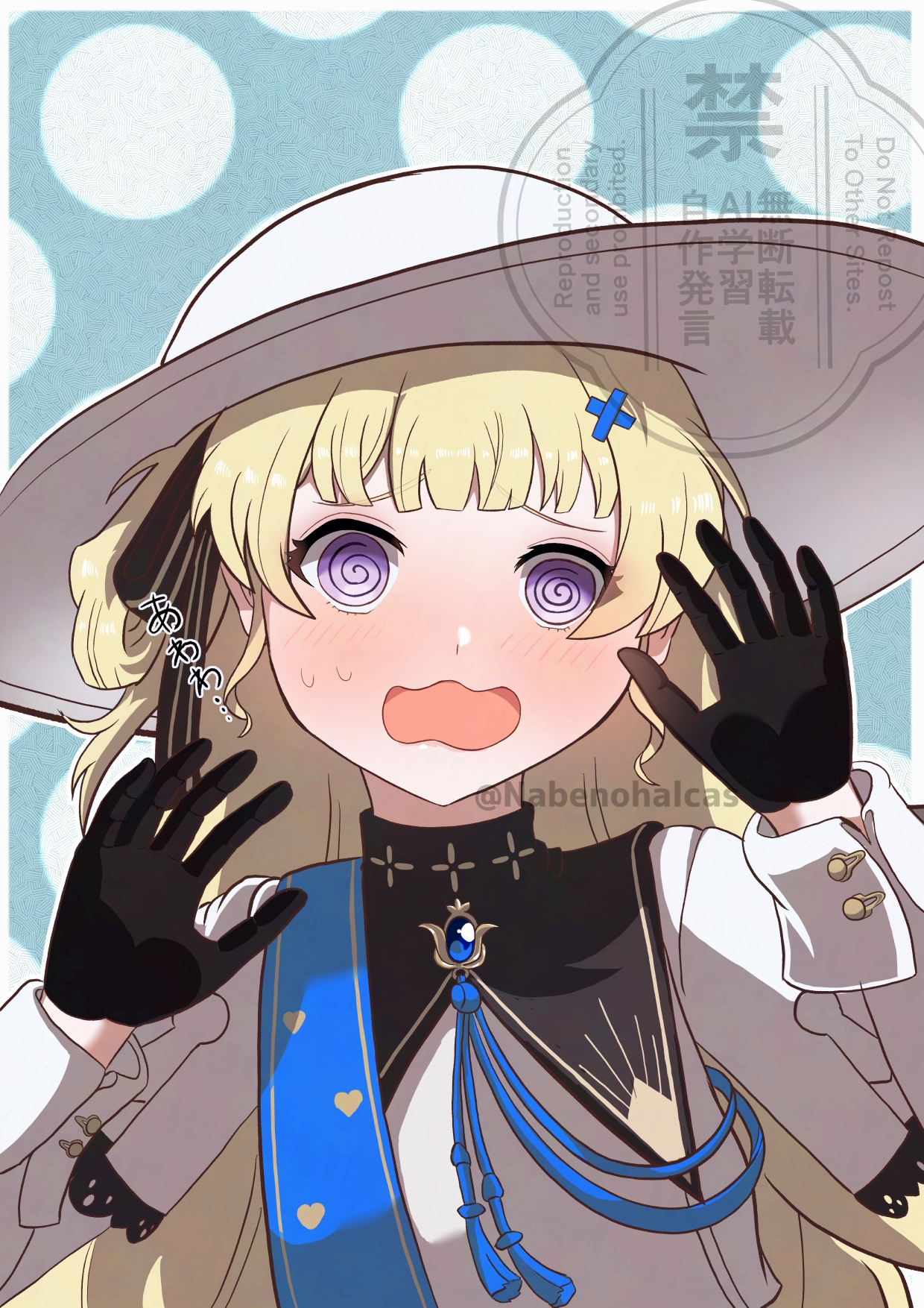 phoebe (wuthering waves), wuthering waves, highres, 1girl, black gloves, blonde hair, bow, closed mouth, gloves, hair ornament, hat, long hair, long sleeves, looking at viewer, nabeno halcas, purple eyes, shirt, skirt, smile, solo, white hat, white shirt, x hair ornament