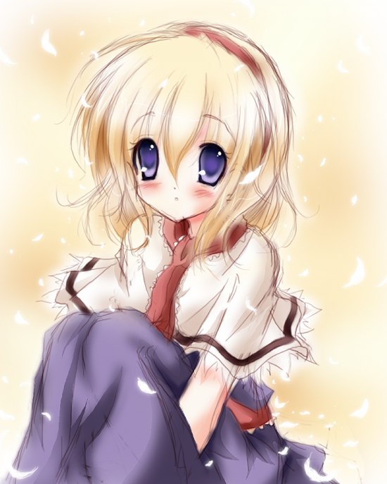 satou kuroon, alice margatroid, touhou, bad id, bad pixiv id, 1girl, blonde hair, blue eyes, blush, female focus, gradient background, hairband, ribbon, short hair, sitting, solo