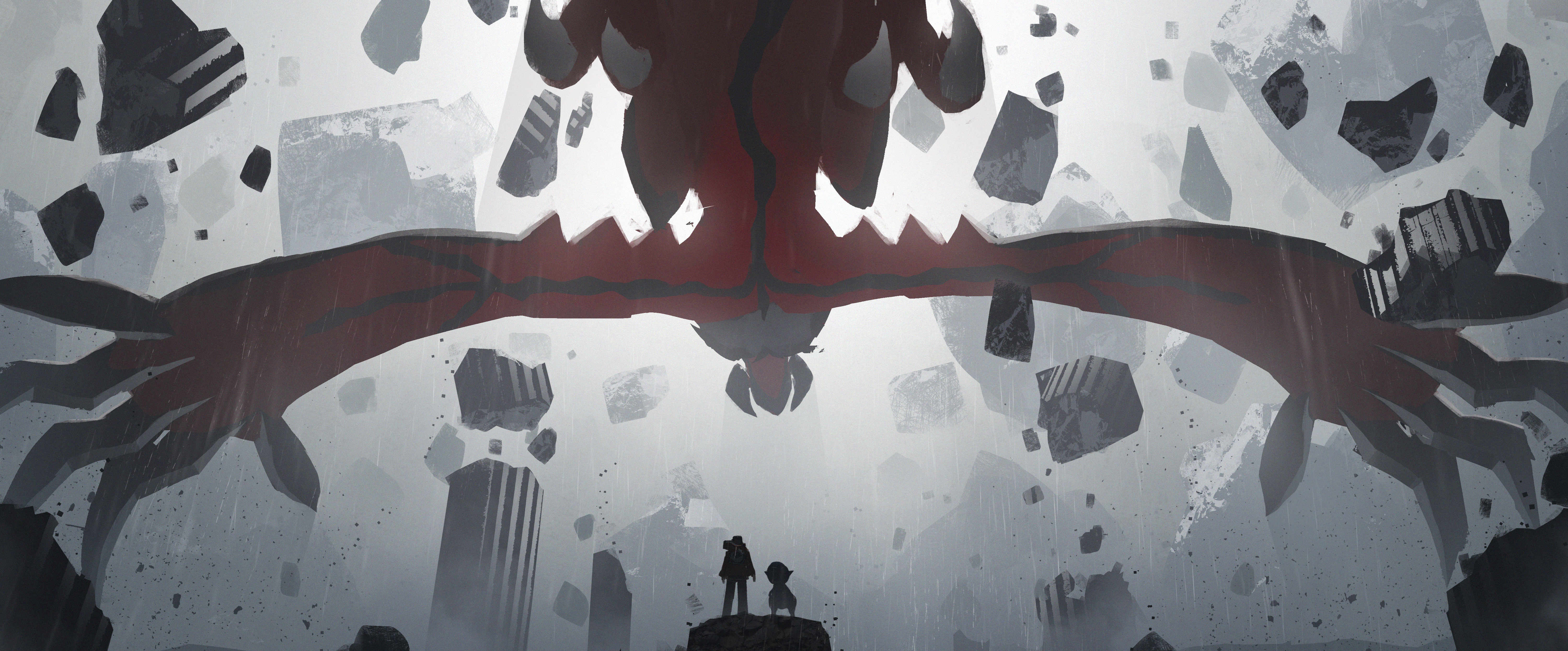 asteroid ill, cranidos, yveltal, nintendo, original, pokemon, absurdres, highres, 1other, animal, architecture, backpack, bag, bird, bird legs, black feathers, broken, broken pillar, claws, column, destruction, dinosaur, dinosaur tail, feathers, floating, flying, fog, from below, gen 4 pokemon, gen 6 pokemon, giant, giant monster, horns, lap pillow, legendary pokemon, light particles, outdoors, pachycephalosaurus, pants, pebble, pillar, pokemon (creature), red feathers, ruins, scenery, shadow, size difference, standing, stone pillar, tail, talons, two-tone feathers, very wide shot, wide shot, wings