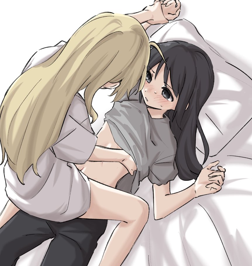 syonosuke9573, chito (shoujo shuumatsu ryokou), yuuri (shoujo shuumatsu ryokou), shoujo shuumatsu ryokou, commentary, 2girls, black eyes, black hair, black pants, blonde hair, blush, clothes lift, grey shirt, holding another's wrist, long hair, multiple girls, on bed, pants, parted lips, pillow, pinned, shirt, shirt lift, straddling, white shirt, yuri