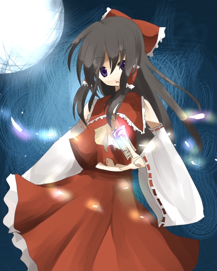 ichika, miyako hana, hakurei reimu, touhou, bad id, bad pixiv id, 1girl, between fingers, black hair, blue eyes, detached sleeves, female focus, holding, japanese clothes, long hair, miko, ofuda, ofuda between fingers, ribbon, solo, spell card
