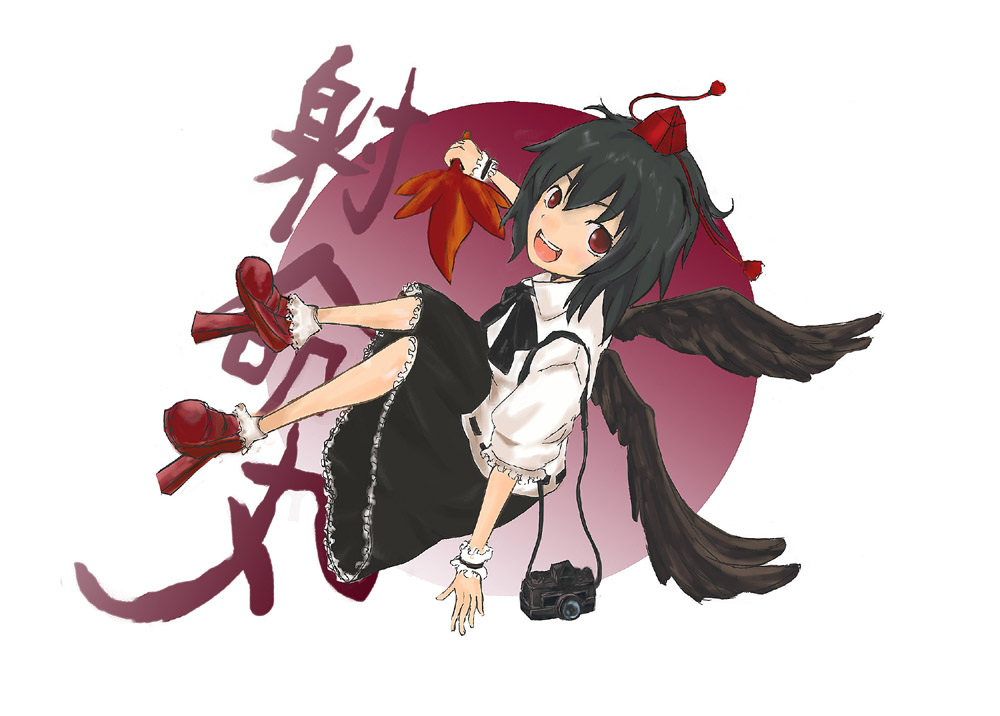 rainbow-color, shameimaru aya, touhou, bad id, bad pixiv id, 1girl, black hair, black wings, book, camera, female focus, geta, hat, looking at viewer, open mouth, red eyes, short hair, smile, solo, tengu-geta, wings, wrist cuffs, wristband