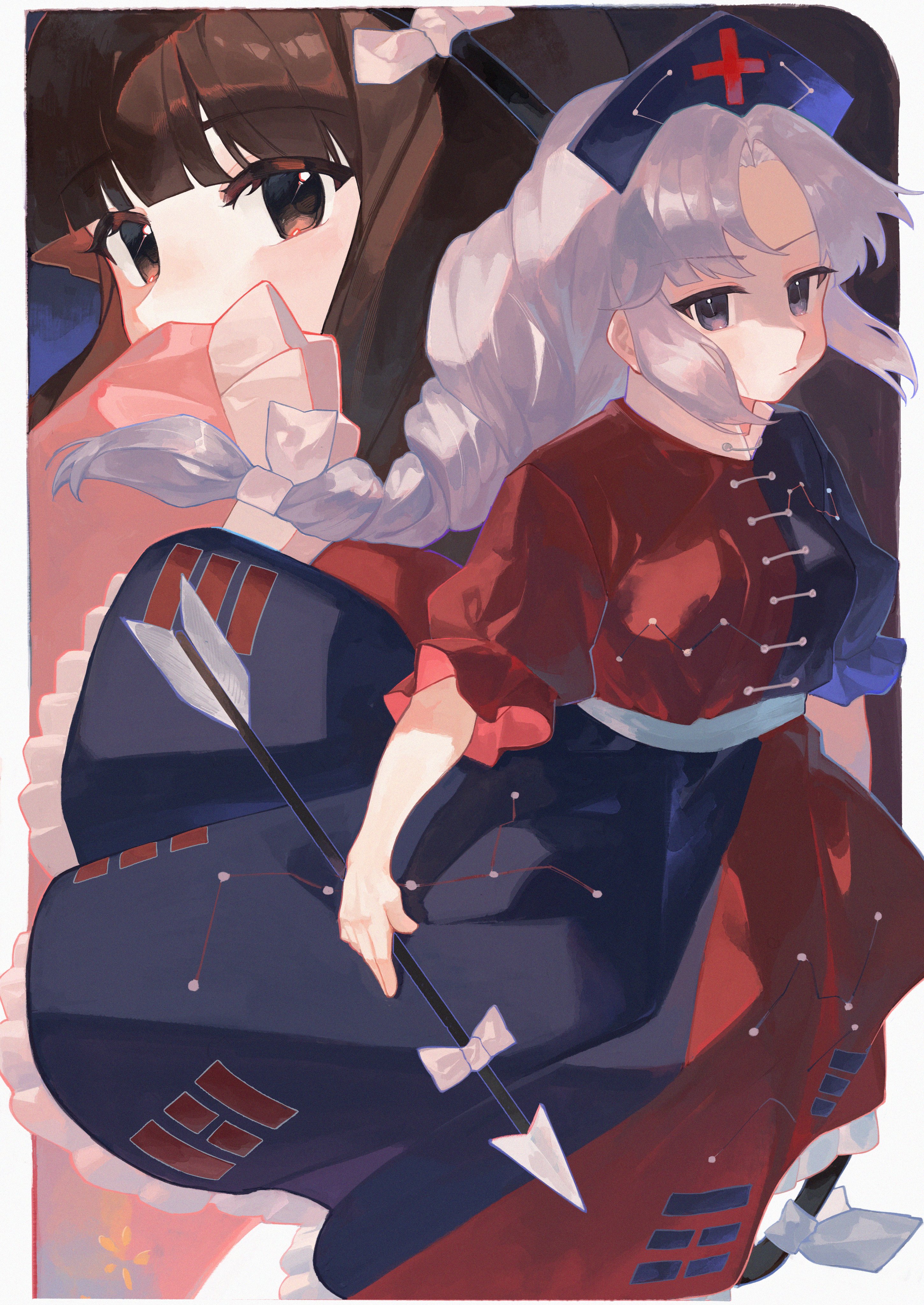 cindy717, houraisan kaguya, yagokoro eirin, touhou, absurdres, commentary request, highres, 2girls, arrow (projectile), blue dress, blue hat, border, bow, bow (weapon), braid, braided ponytail, brown eyes, brown hair, constellation print, covered mouth, cross, dress, frilled dress, frills, grey eyes, grey hair, hair bow, hair intakes, hat, holding, holding arrow, holding bow (weapon), holding weapon, jitome, light blush, light frown, long hair, multiple girls, nurse cap, pink sleeves, red cross, red dress, sash, two-tone dress, weapon, white border, white bow, white sash