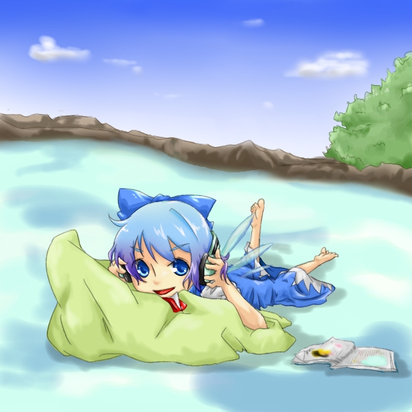 ember (7012), cirno, touhou, bad id, bad pixiv id, 1girl, blue eyes, blue hair, book, dress, female focus, headphones, matching hair/eyes, nature, outdoors, pillow, plant, ribbon, short hair, sky, solo
