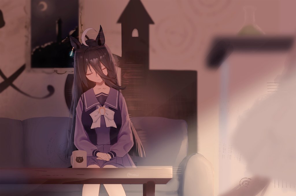 netral561, manhattan cafe (umamusume), umamusume, 1girl, ahoge, animal ears, animal print, black hair, bow, bowtie, breasts, cat print, closed eyes, collarbone, couch, cup, ear ornament, ear tag, earrings, hair between eyes, hands on lap, horse ears, horse girl, horse tail, indoors, jewelry, long hair, long hair between eyes, long sleeves, mug, multicolored hair, on couch, painting (object), pleated skirt, purple sailor collar, purple shirt, purple skirt, sailor collar, school uniform, shirt, single earring, sitting, skirt, sleeping, small breasts, solo, table, tail, tracen school uniform, very long hair, white bow, white bowtie, white hair