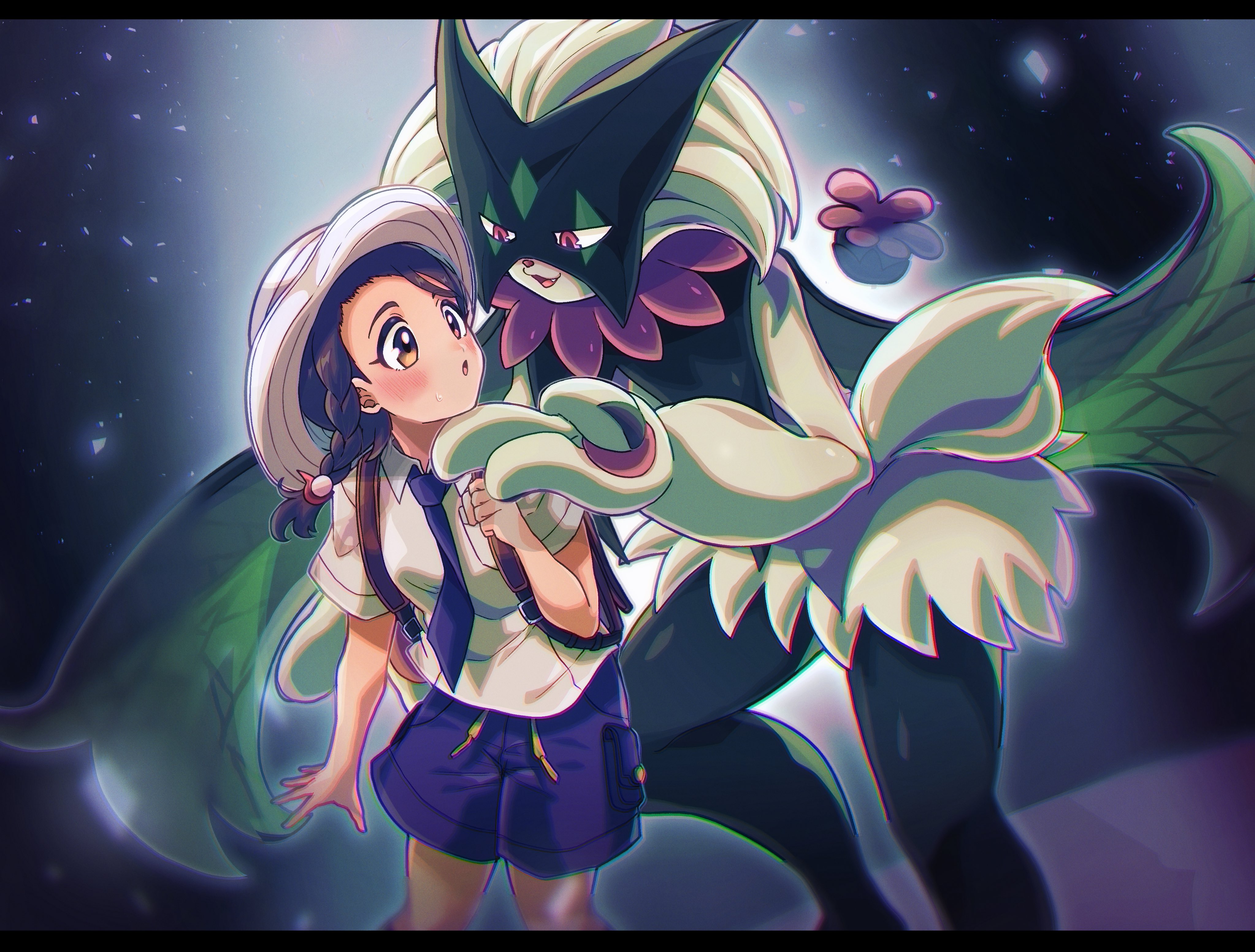 otyumamii, juliana (pokemon), meowscarada, nintendo, pokemon, pokemon sv, absurdres, commentary request, highres, 1girl, backpack, bag, black border, blue background, blue necktie, blue shorts, border, braid, brown eyes, brown hair, cowboy shot, fang, hat, letterboxed, looking at another, looking back, necktie, pink eyes, pokemon (creature), school uniform, shirt, short hair, shorts, single braid, uva academy school uniform, white hat, white shirt