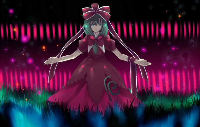 harano, kagiyama hina, touhou, 1girl, female focus, front ponytail, grass, green eyes, green hair, hair ribbon, matching hair/eyes, ribbon, solo