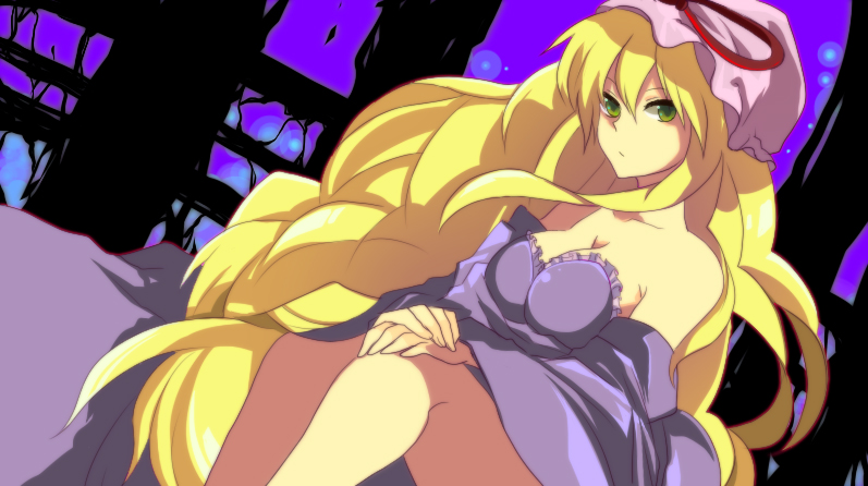 harano, yakumo yukari, touhou, 1girl, blonde hair, breasts, cleavage, dress, female focus, green eyes, hat, large breasts, long hair, solo