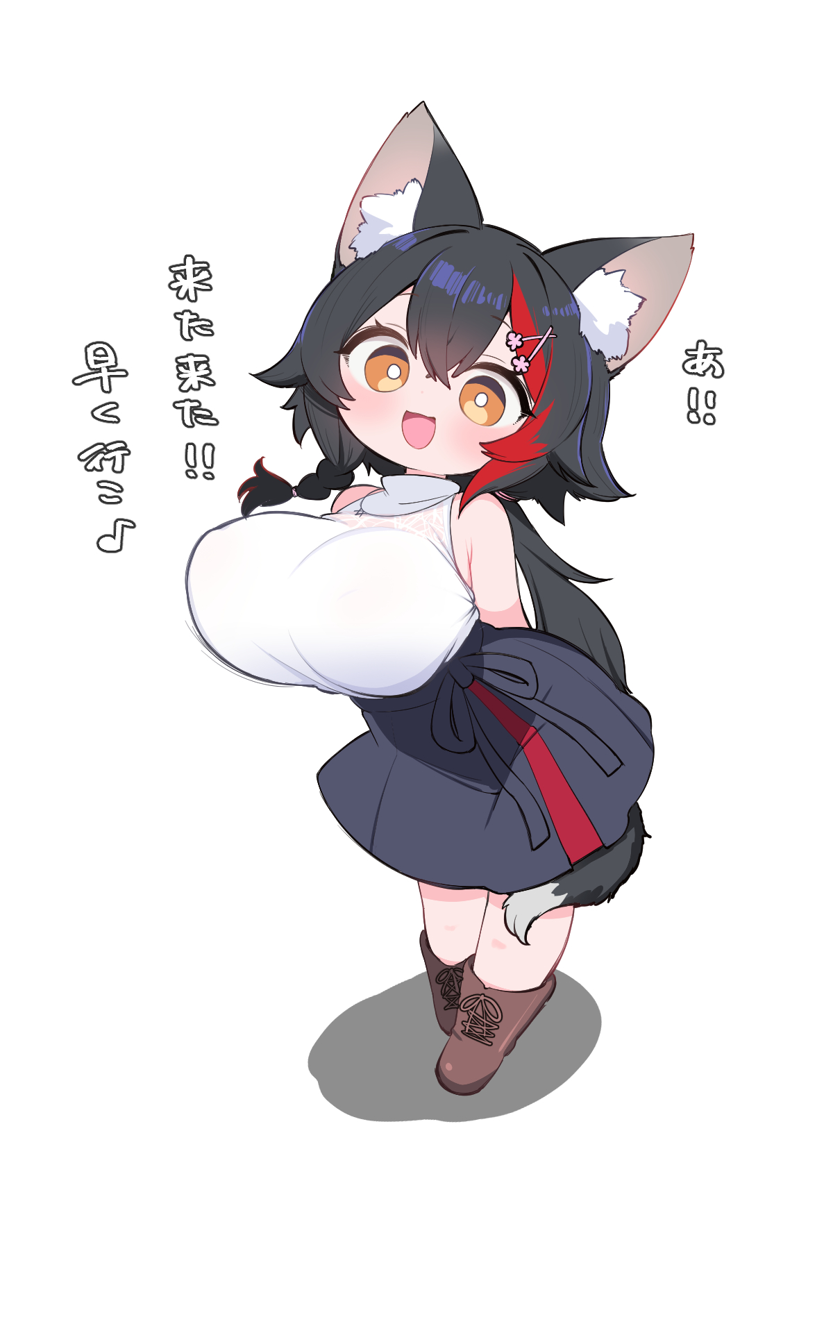kani bonara, ookami mio, hololive, 1girl, animal ears, breasts, chibi, large breasts, solo, tail, virtual youtuber, wolf ears, wolf girl, wolf tail