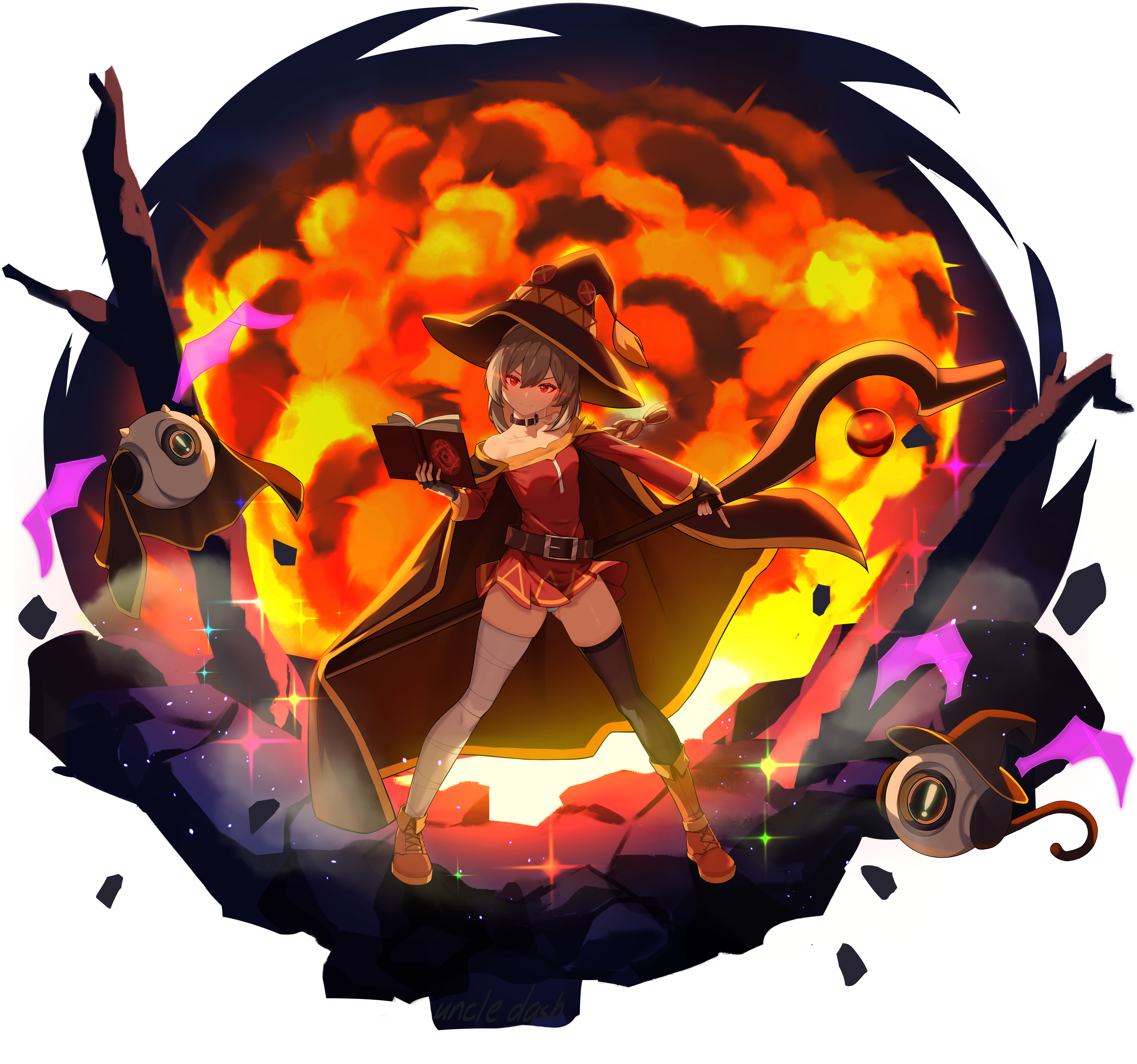 uncle dash, megumin, kono subarashii sekai ni shukufuku wo!, strinova, absurdres, highres, 1girl, asymmetrical legwear, bare shoulders, belt, belt buckle, book, brown hair, buckle, cape, choker, collarbone, drone, explosion, fingerless gloves, fire, gloves, glowing, glowing eyes, hair between eyes, hat, legs apart, mismatched legwear, off shoulder, panties, panty peek, red eyes, red shirt, robot, shirt, shoes, short hair, solo, staff, standing, striped clothes, striped panties, underwear, witch, witch hat