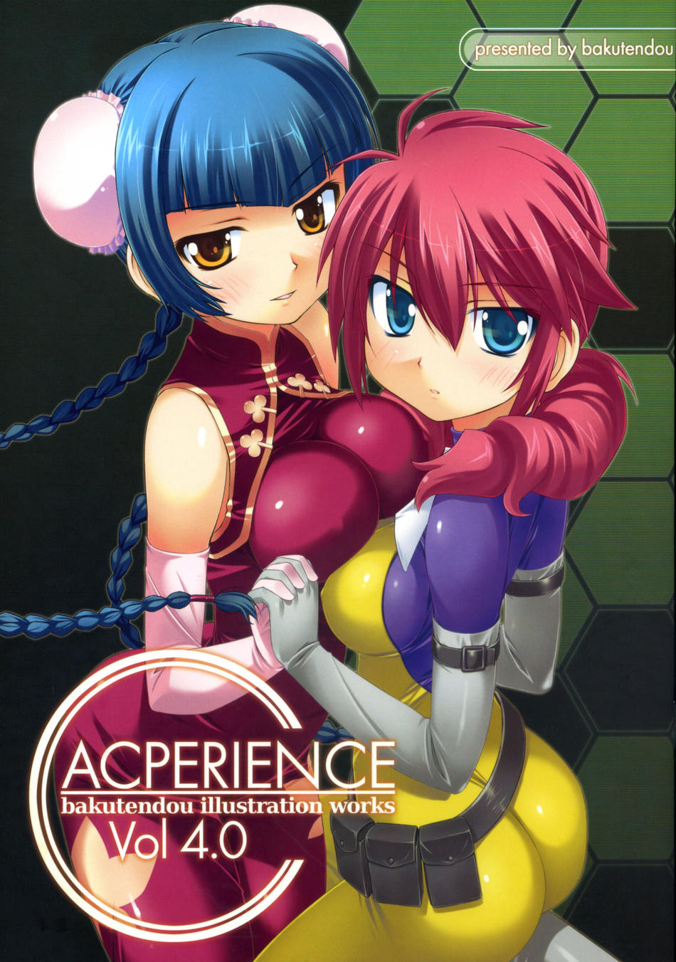 bakutendou, feldt grace, wang liu mei, gundam, gundam 00, highres, 00s, 2girls, bare shoulders, blue eyes, blue hair, braid, breast press, breasts, bun cover, china dress, chinese clothes, double bun, dress, elbow gloves, gloves, hair bun, holding hands, large breasts, looking up, multiple girls, red hair, symmetrical docking, tight clothes, twin braids, yellow eyes, yuri