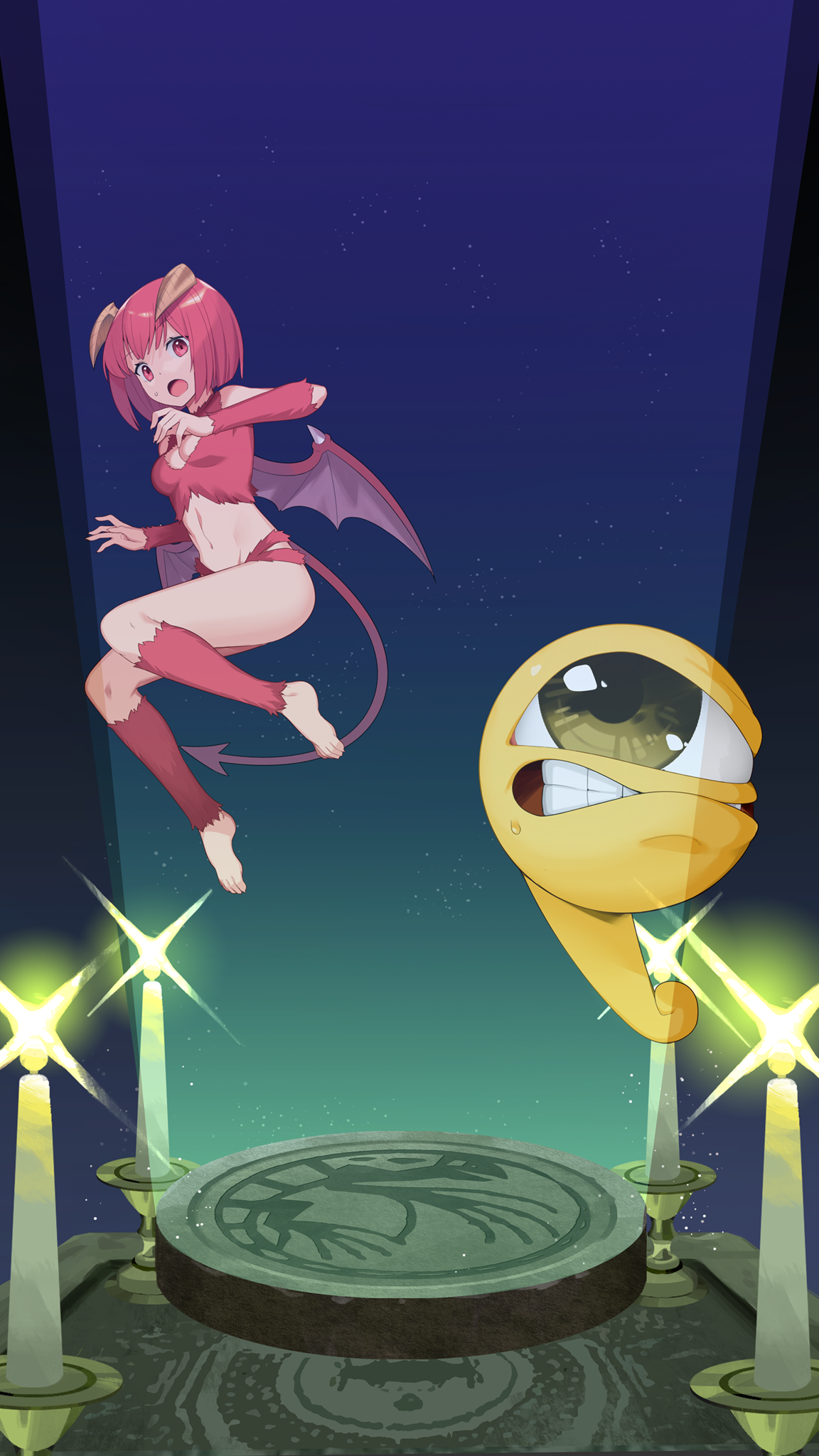 pixie (monster farm), suezo, line: monster farm, monster farm, official art, 1girl, cyclops, fur bikini, horns, monster disc, monster girl, one-eyed, tail, wings