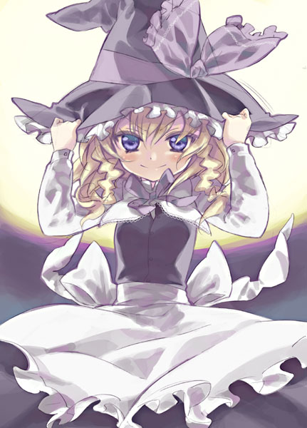 moriki takeshi, kirisame marisa, touhou, bad id, bad pixiv id, 1girl, 9999, blonde hair, blue eyes, blush, braid, dress, female focus, gradient background, hand on headwear, hat, moon, smile, solo, twin braids, witch, witch hat